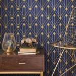 Removable Wallpaper Peel and Stick Wallpaper Wall Paper Wall Mural - Art Deco Blue and Non - Metalic Yellow Gold Color - B495 - WallTrend