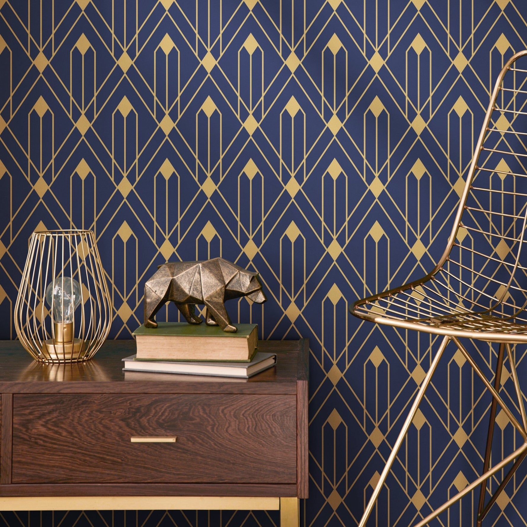 Removable Wallpaper Peel and Stick Wallpaper Wall Paper Wall Mural - Art Deco Blue and Non - Metalic Yellow Gold Color - B495 - WallTrend