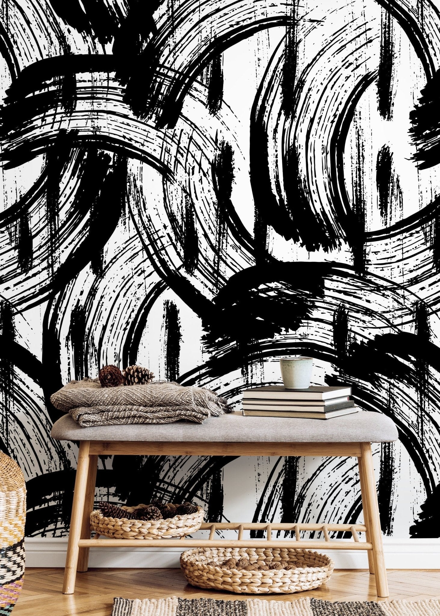 Removable Wallpaper Peel and Stick Wallpaper Wall Paper Wall Mural - Black and White Paintbrush Wallpaper - B039 - WallTrend