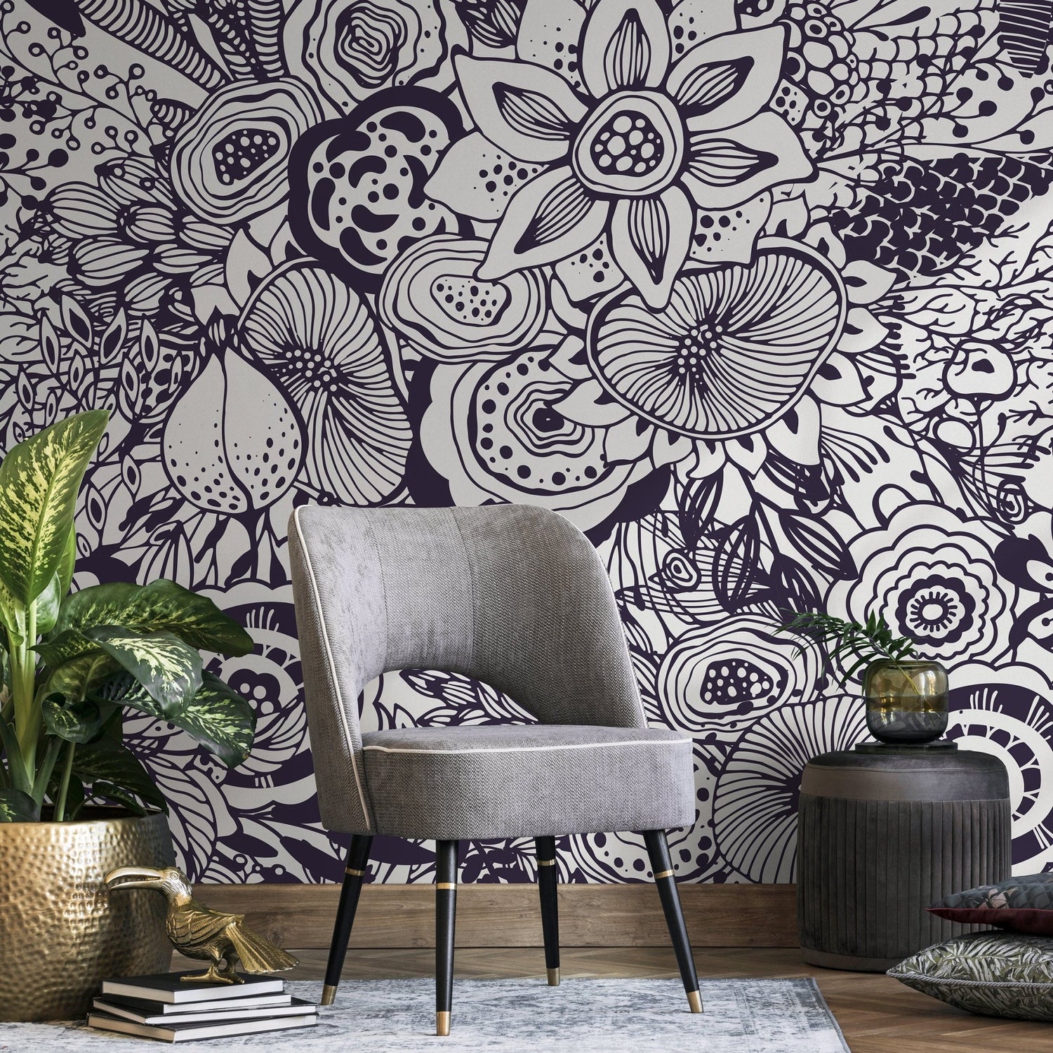 Removable Wallpaper Peel and Stick Wallpaper Wall Paper Wall Mural - Flower Wallpaper Blue Wallpaper - B421 - WallTrend