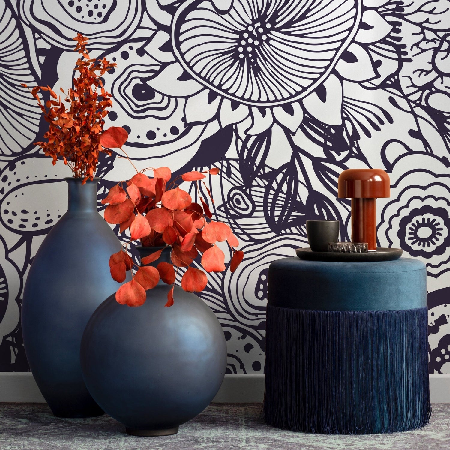 Removable Wallpaper Peel and Stick Wallpaper Wall Paper Wall Mural - Flower Wallpaper Blue Wallpaper - B421 - WallTrend