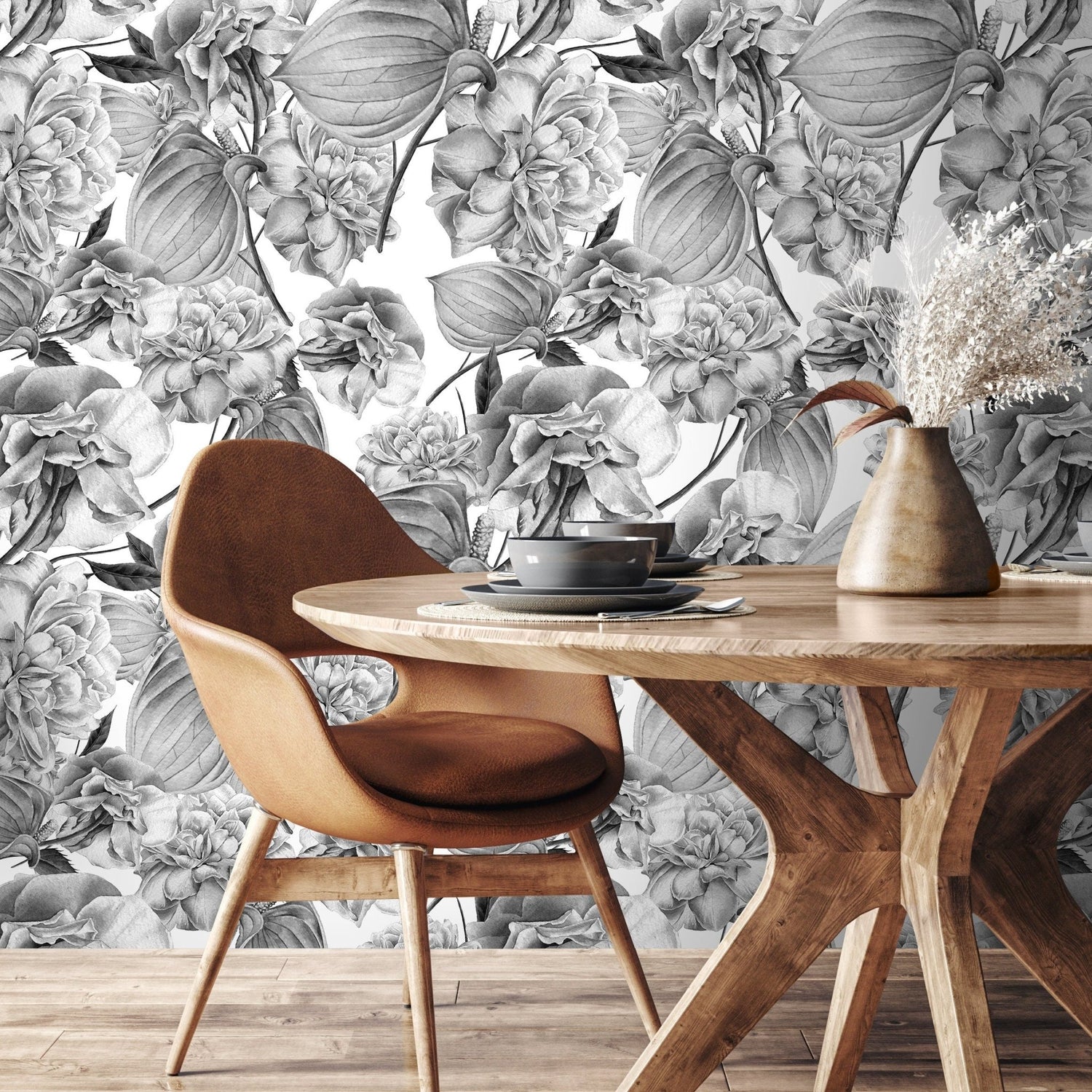 Removable Wallpaper Peel and Stick Wallpaper Wall Paper Wall Mural - Grayscale Tropical Wallpaper - D973 - WallTrend