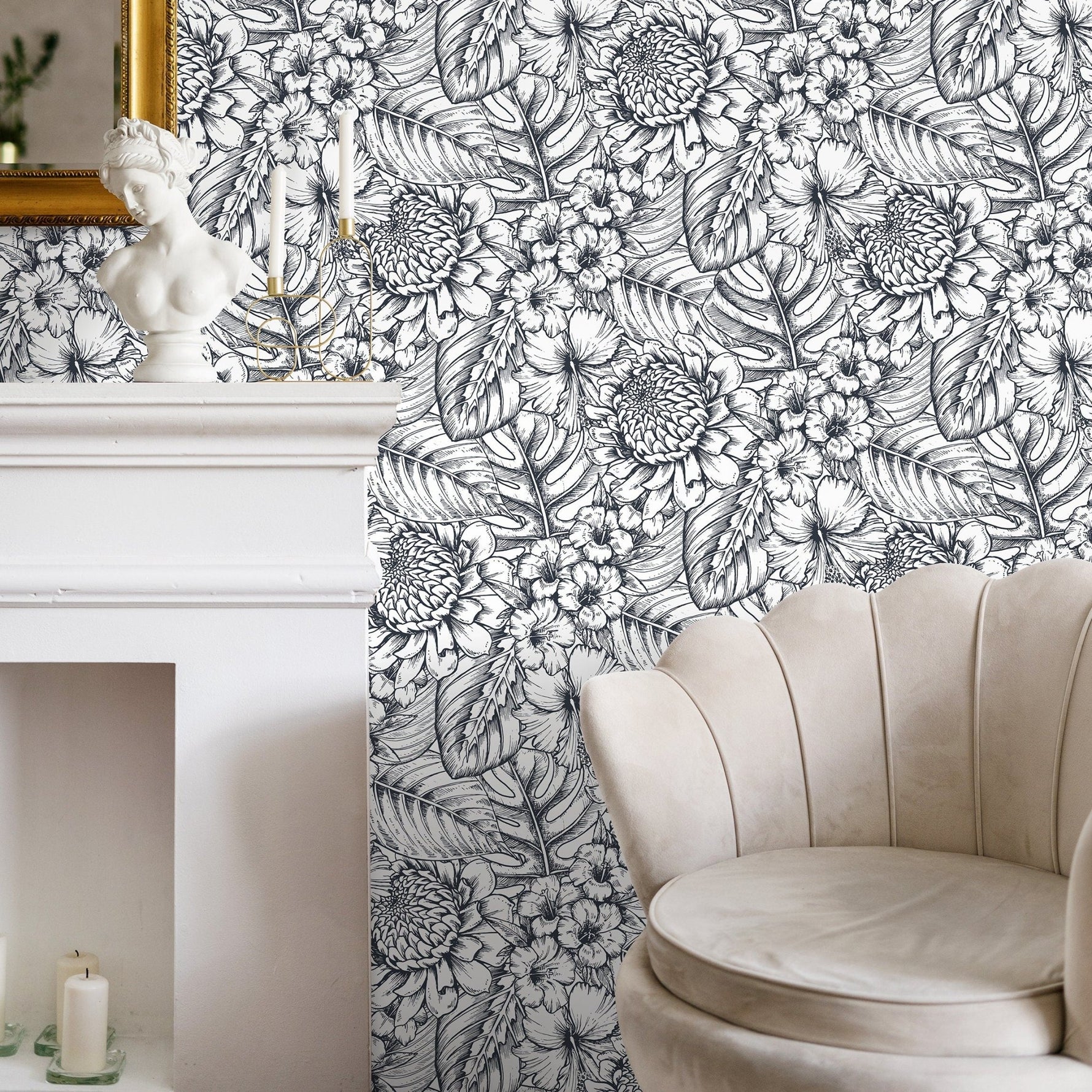 Removable Wallpaper Peel and Stick Wallpaper Wall Paper Wall Mural - Hand Draw Floral Wallpaper - A462 - WallTrend