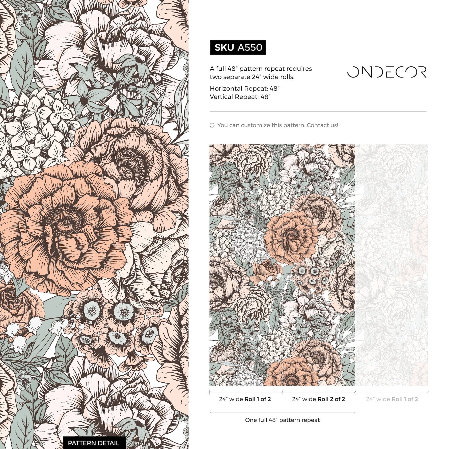 Removable Wallpaper Peel and Stick Wallpaper Wall Paper Wall Mural - Hand Draw Floral Wallpaper - A550 - WallTrend