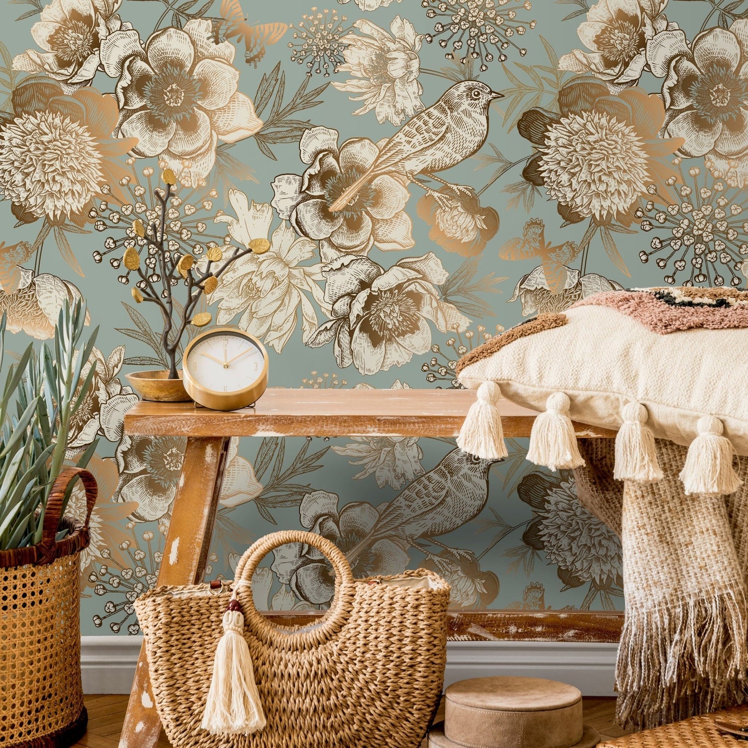 Removable Wallpaper Peel and Stick Wallpaper Wall Paper Wall Mural - Vintage Flower Mint and Non - Metalic Gold Color - A918 - WallTrend