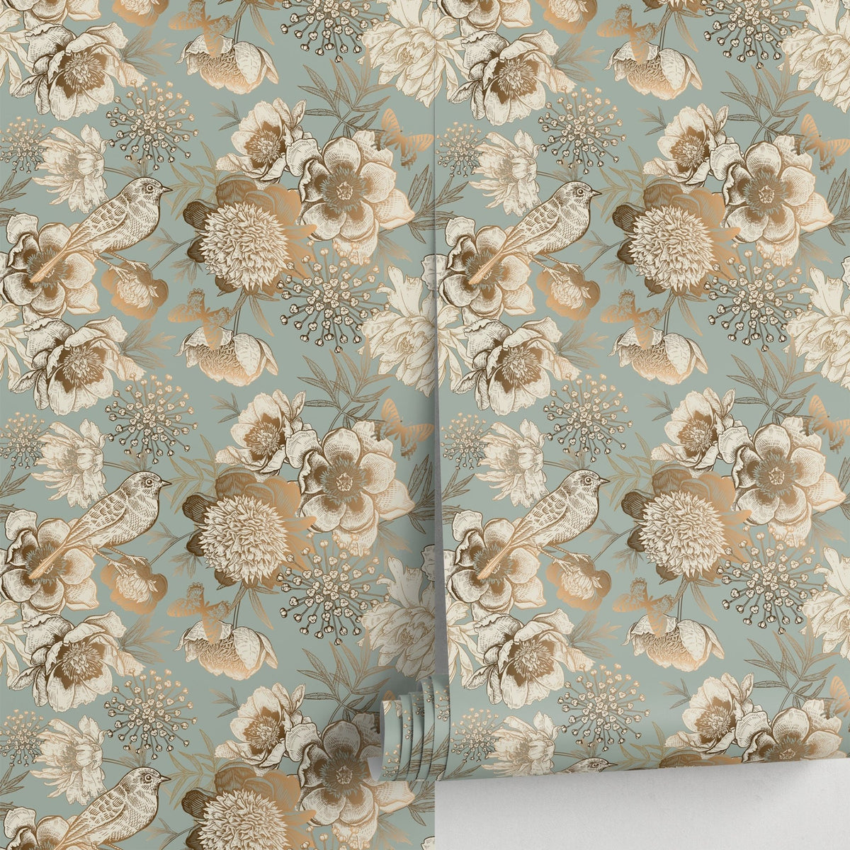 Removable Wallpaper Peel and Stick Wallpaper Wall Paper Wall Mural - Vintage Flower Mint and Non - Metalic Gold Color - A918 - WallTrend