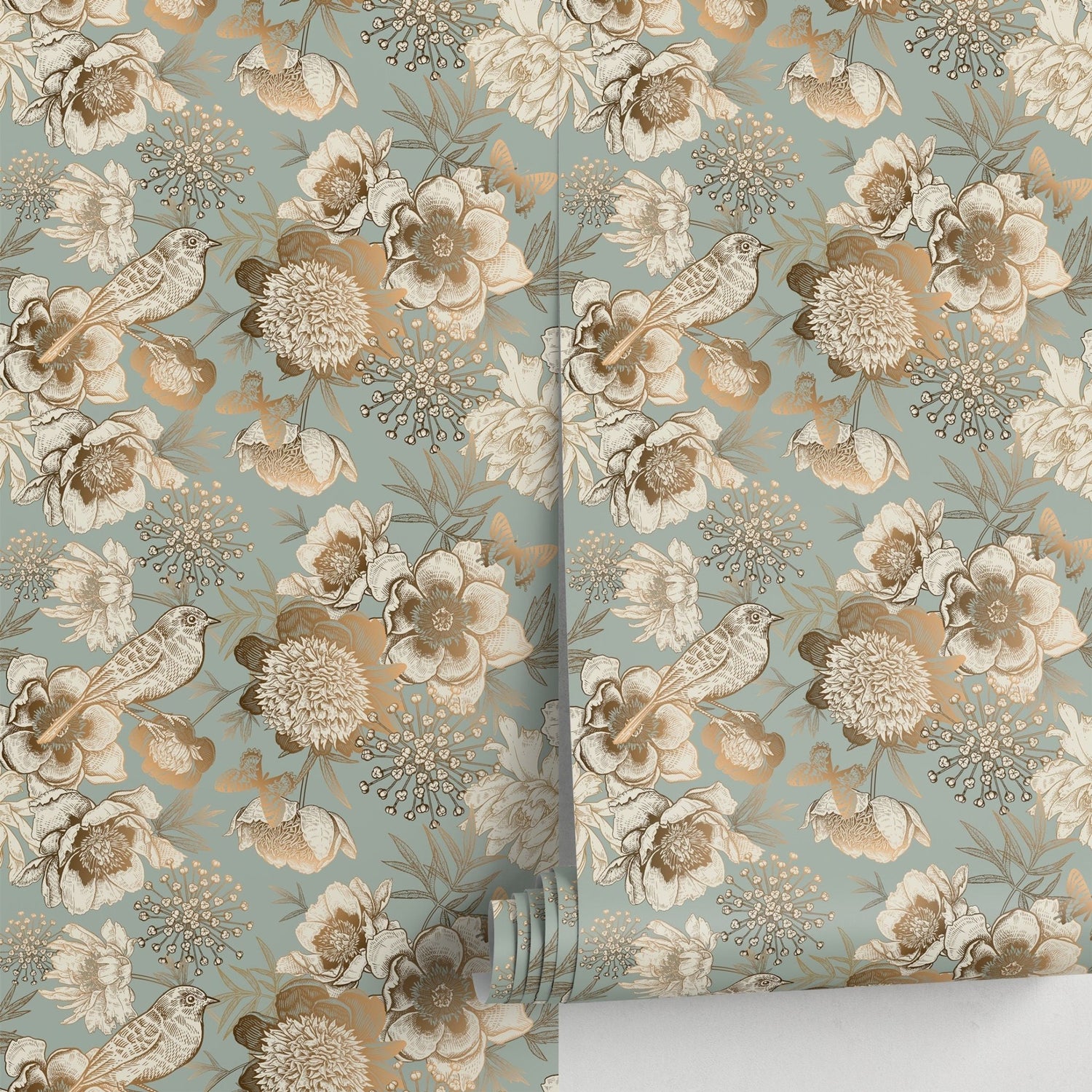 Removable Wallpaper Peel and Stick Wallpaper Wall Paper Wall Mural - Vintage Flower Mint and Non - Metalic Gold Color - A918 - WallTrend