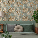 Removable Wallpaper Peel and Stick Wallpaper Wall Paper Wall Mural - Vintage Flower Mint and Non - Metalic Gold Color - A918 - WallTrend
