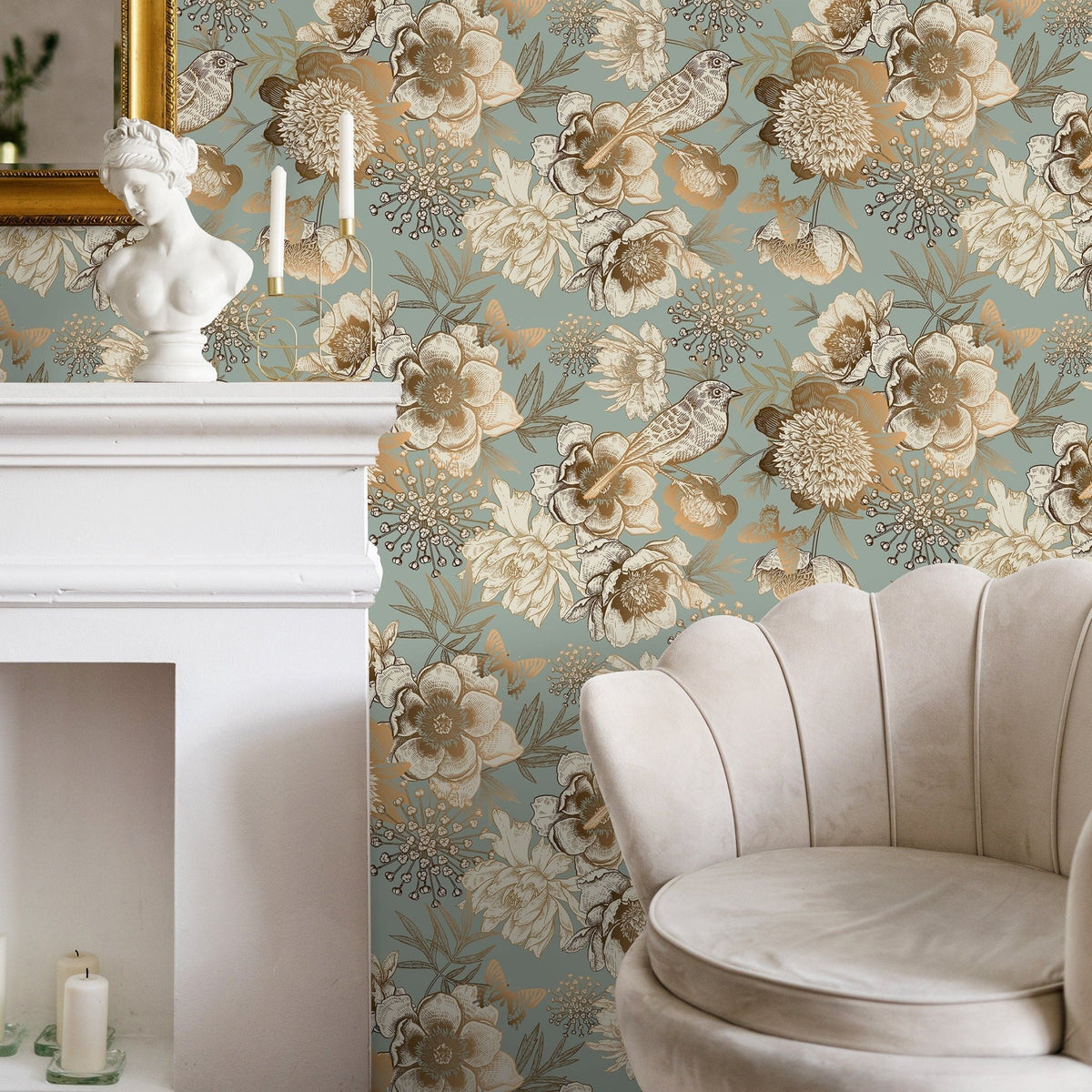 Removable Wallpaper Peel and Stick Wallpaper Wall Paper Wall Mural - Vintage Flower Mint and Non - Metalic Gold Color - A918 - WallTrend