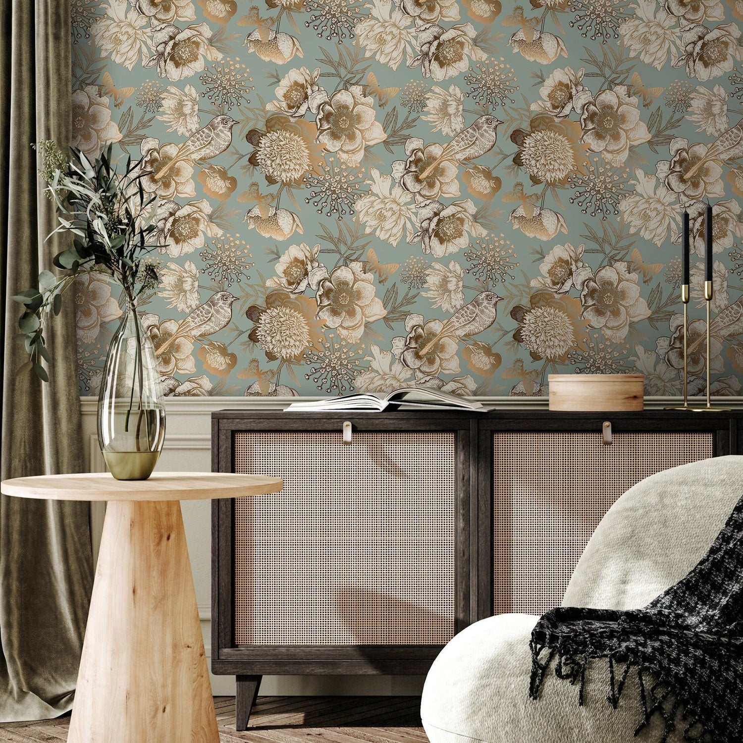 Removable Wallpaper Peel and Stick Wallpaper Wall Paper Wall Mural - Vintage Flower Mint and Non - Metalic Gold Color - A918 - WallTrend