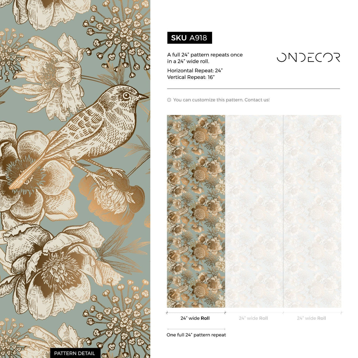 Removable Wallpaper Peel and Stick Wallpaper Wall Paper Wall Mural - Vintage Flower Mint and Non - Metalic Gold Color - A918 - WallTrend