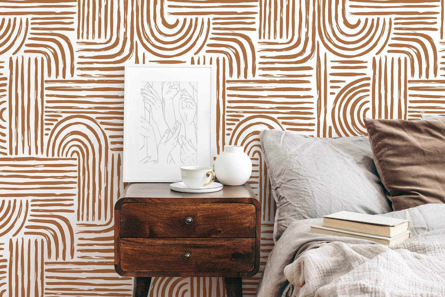 Seamless Rounded Lines Wallpaper Peel and Stick Removable Repositionable Brown Minimalist Light Abstract Brush Strokes Boho Moderne - ZAAC - WallTrend