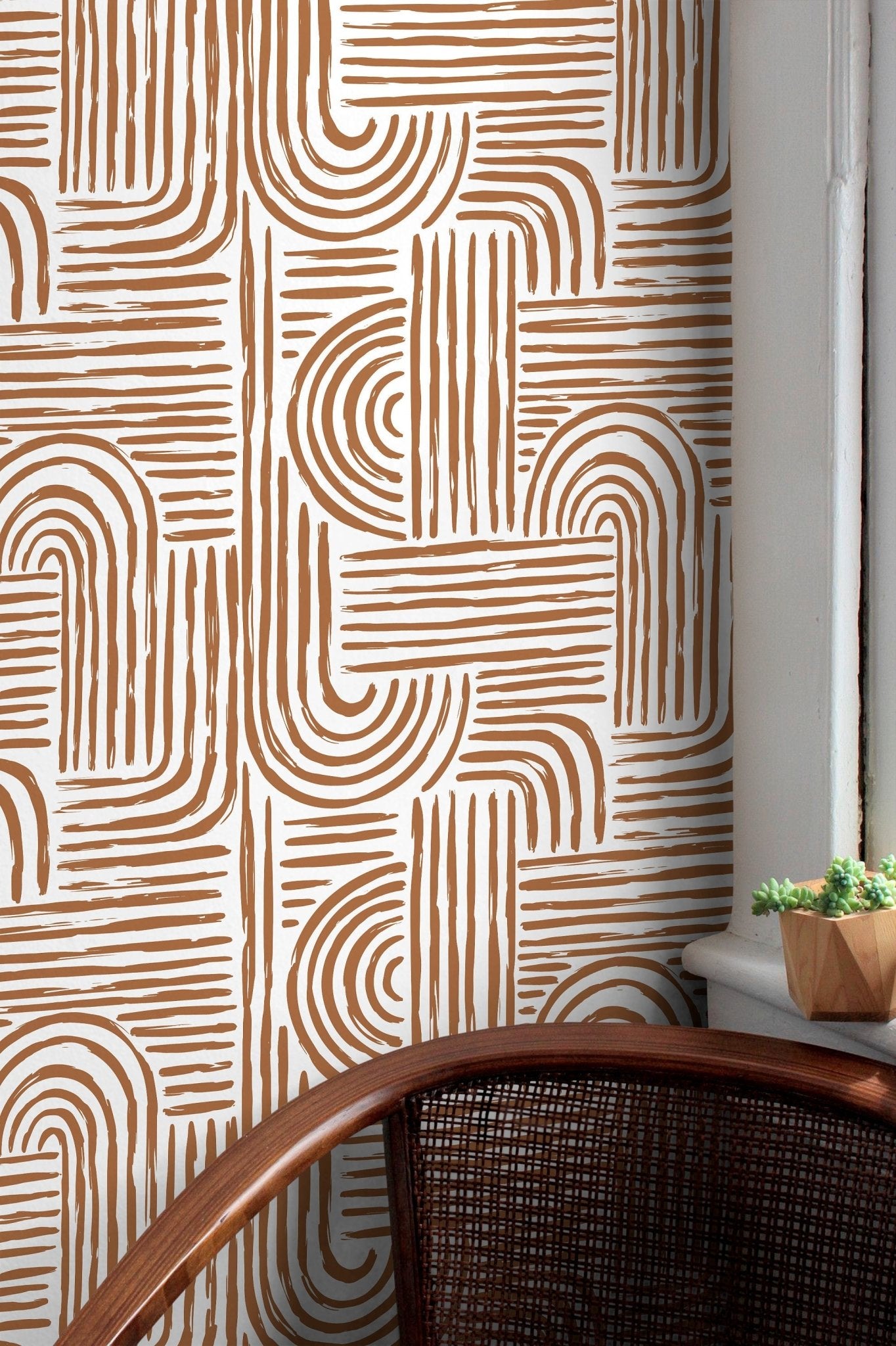 Seamless Rounded Lines Wallpaper Peel and Stick Removable Repositionable Brown Minimalist Light Abstract Brush Strokes Boho Moderne - ZAAC - WallTrend