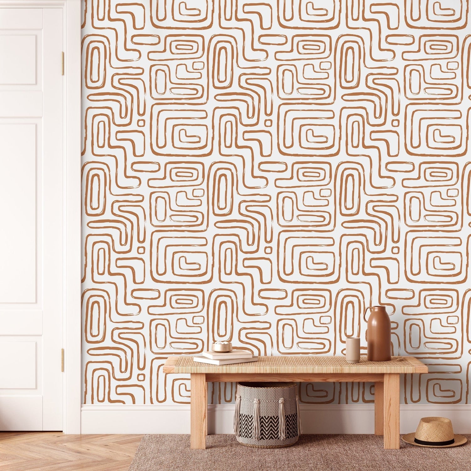 Seamless Rounded Lines Wallpaper Peel and Stick Removable Repositionable Brown Minimalist Light Abstract Brush Strokes Boho Moderne - ZAAE - WallTrend