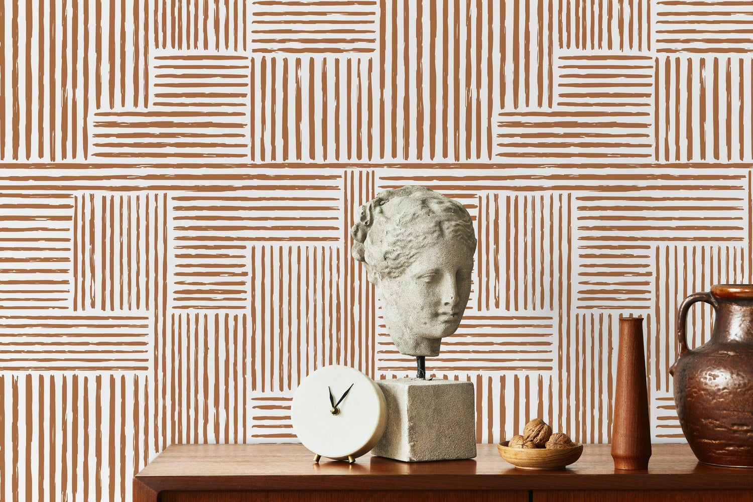 Seamless Rounded Lines Wallpaper Peel and Stick Removable Repositionable Brown Minimalist Light Abstract Brush Strokes Boho Moderne - ZAAH - WallTrend