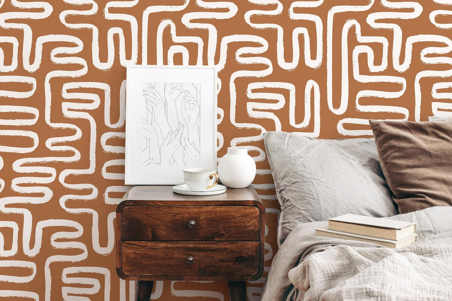 Seamless Rounded Lines Wallpaper Peel and Stick Removable Repositionable Brown Minimalist Light Abstract Brush Strokes Boho Moderne - ZAAJ - WallTrend
