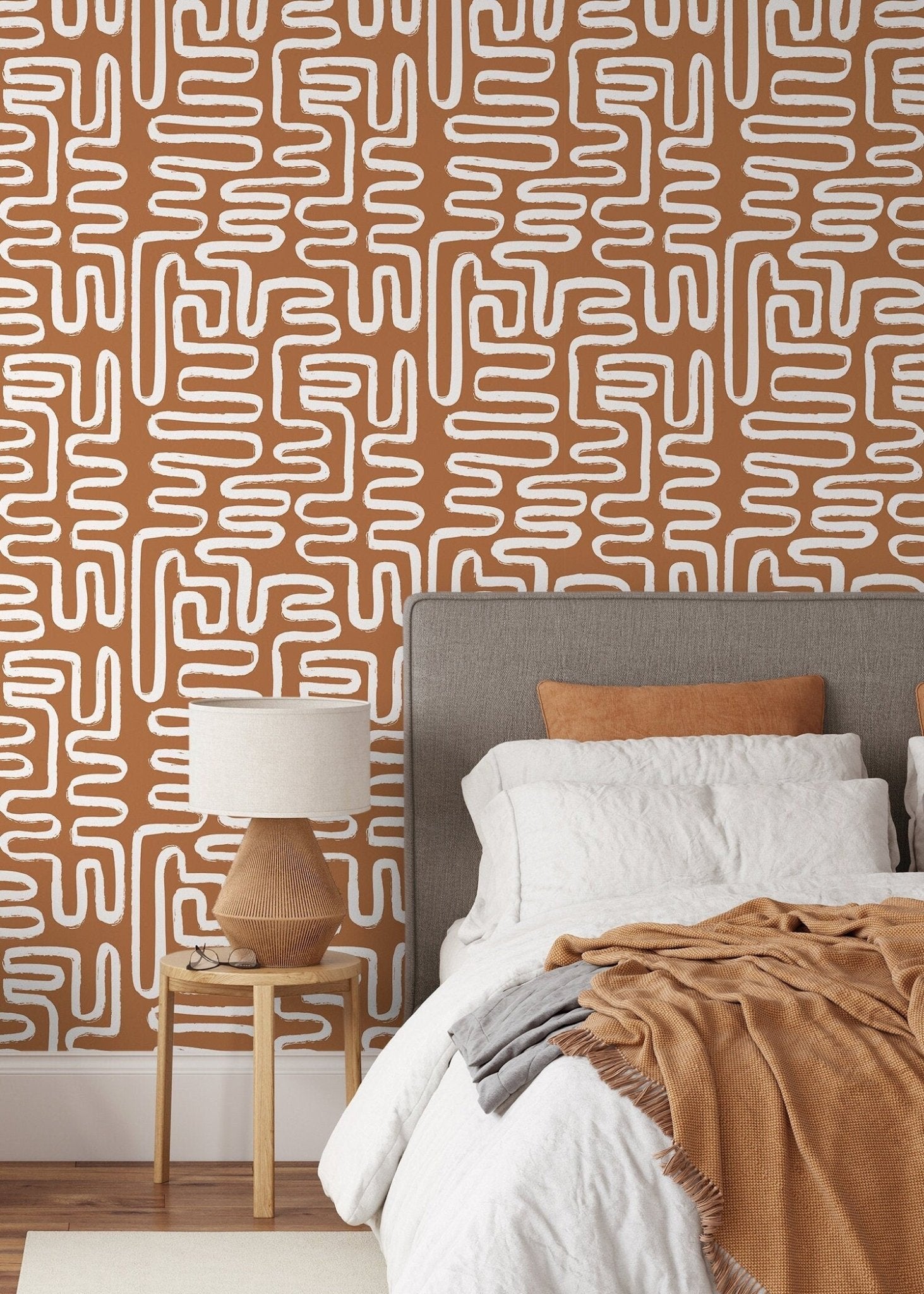 Seamless Rounded Lines Wallpaper Peel and Stick Removable Repositionable Brown Minimalist Light Abstract Brush Strokes Boho Moderne - ZAAJ - WallTrend