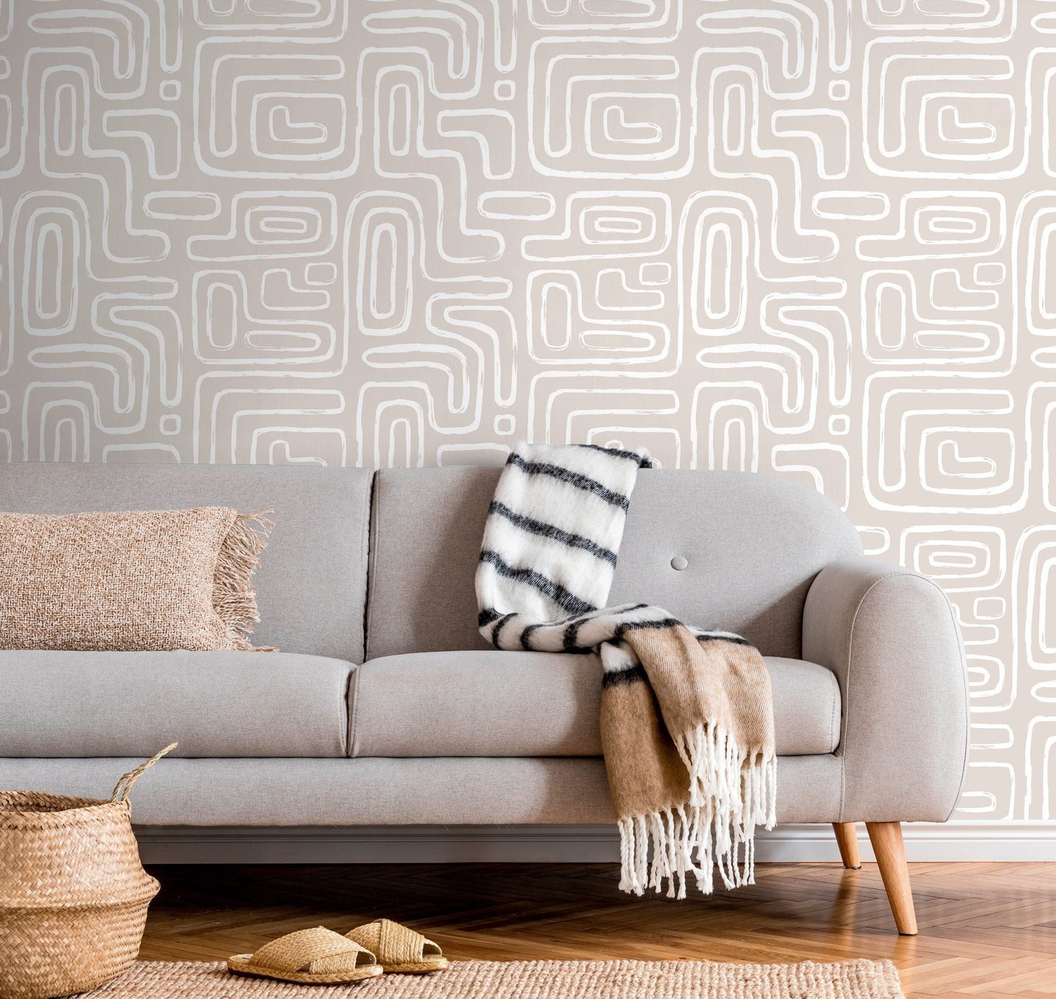 Seamless Rounded Lines Wallpaper Peel and Stick Removable Repositionable Neutral Minimalist Light Abstract Brush Strokes Boho Moderne - ZAAG - WallTrend