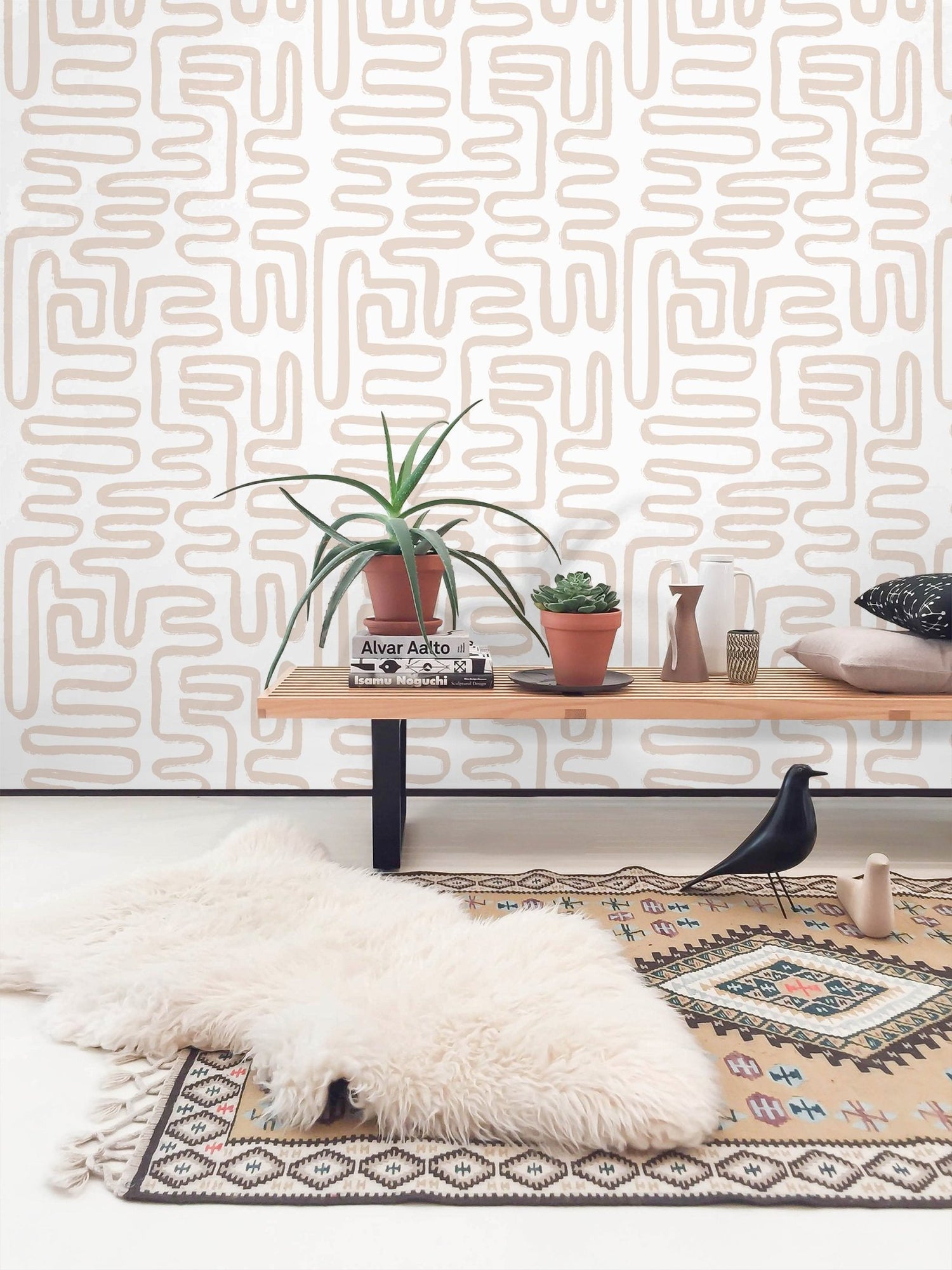 Seamless Rounded Lines Wallpaper Peel and Stick Removable Repositionable Neutral Minimalist Light Abstract Brush Strokes Boho Moderne - ZAAW - WallTrend