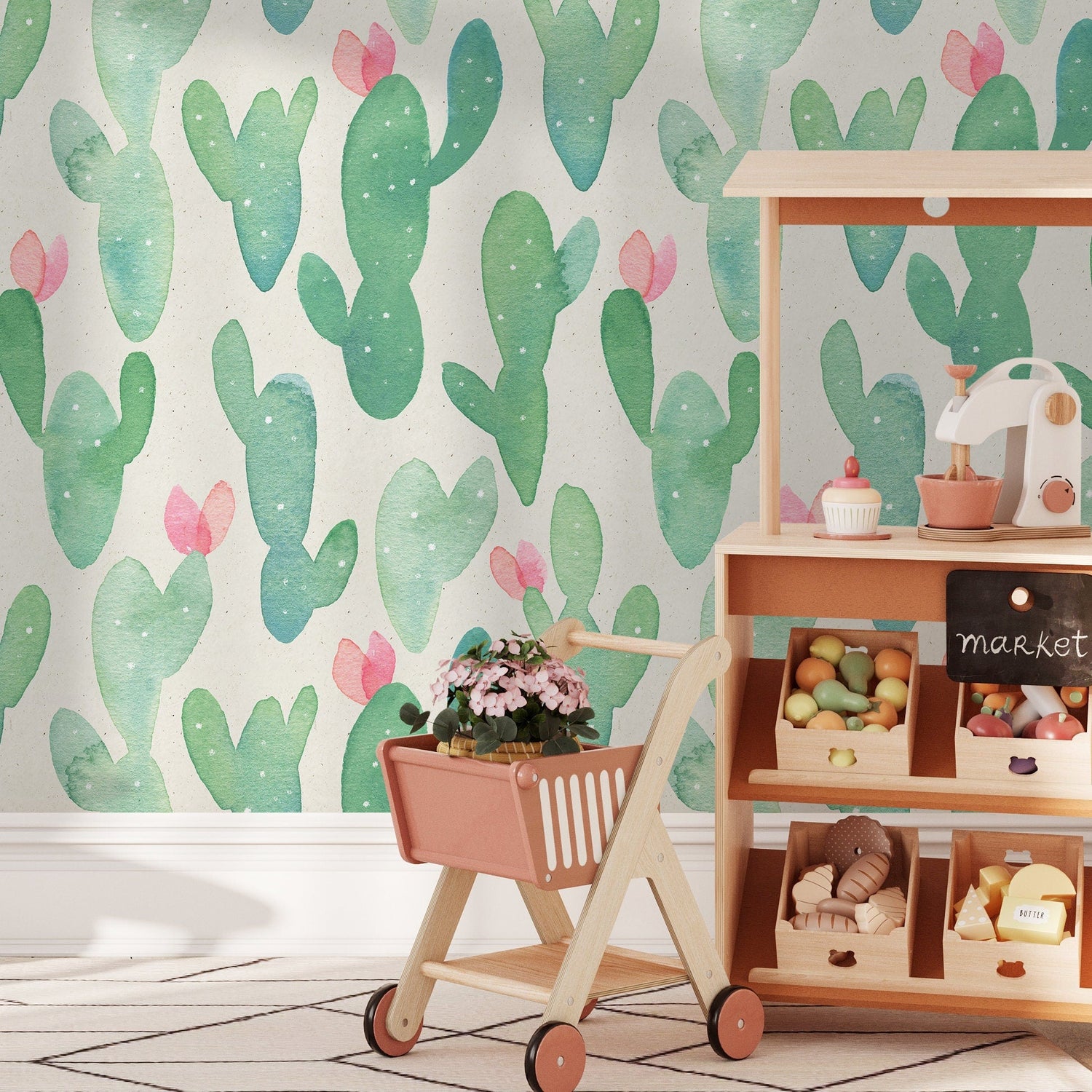 Self - adhesive Removable Wallpaper, Cactus Wallpaper, Peel and Stick Fabric Wallpaper, Custom Design Wall Mural, Wallpaper Opuntia - A318 - WallTrend