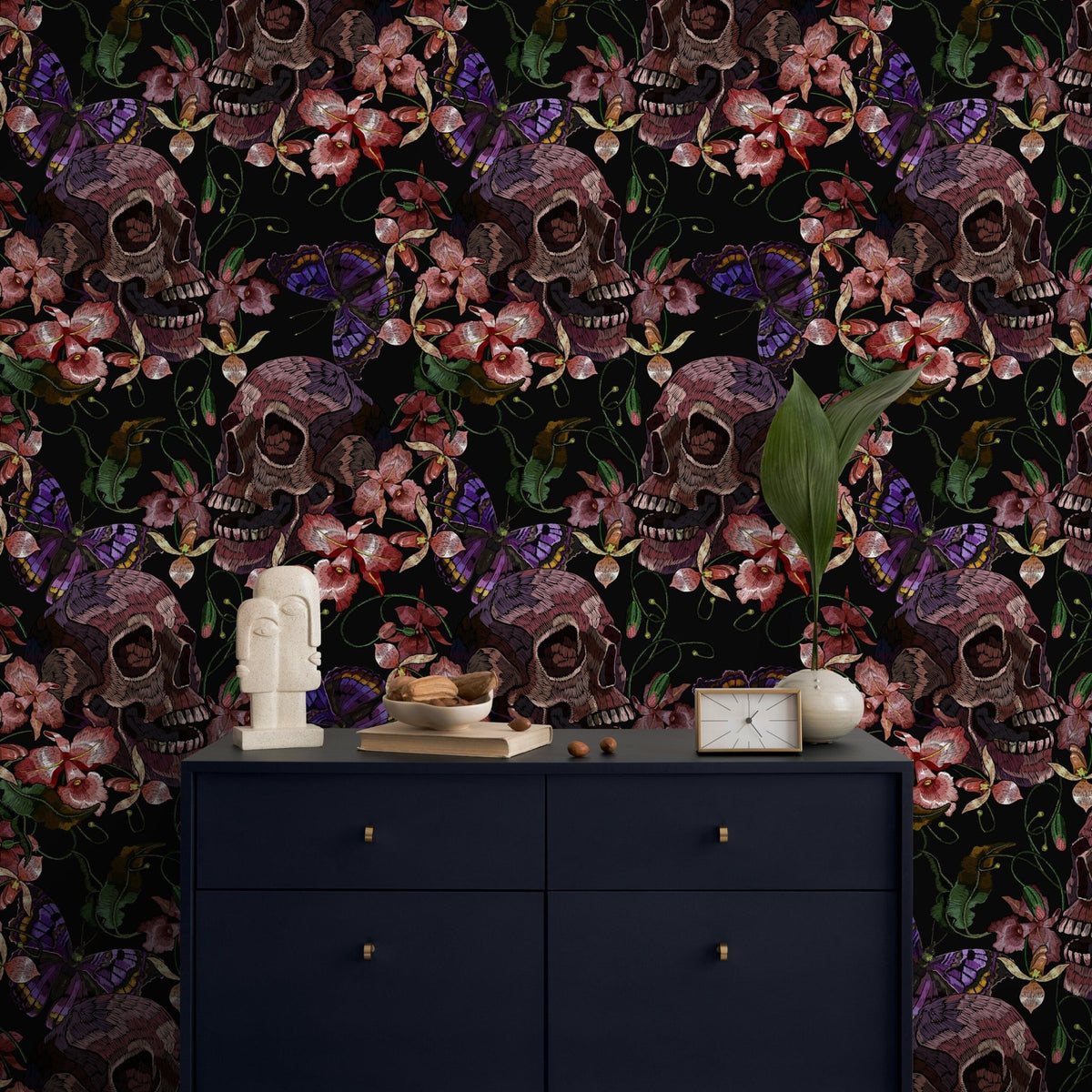 Skull and Butterfly Wallpaper Dark Floral Wallpaper Peel and Stick and Traditional Wallpaper - D898 - WallTrend