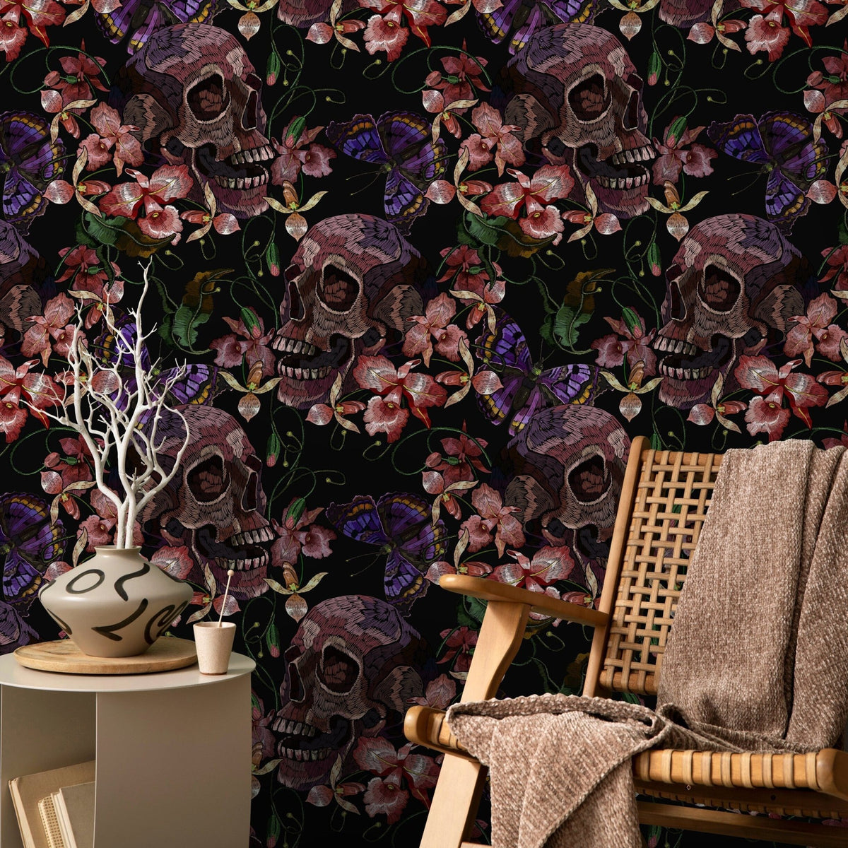 Skull and Butterfly Wallpaper Dark Floral Wallpaper Peel and Stick and Traditional Wallpaper - D898 - WallTrend