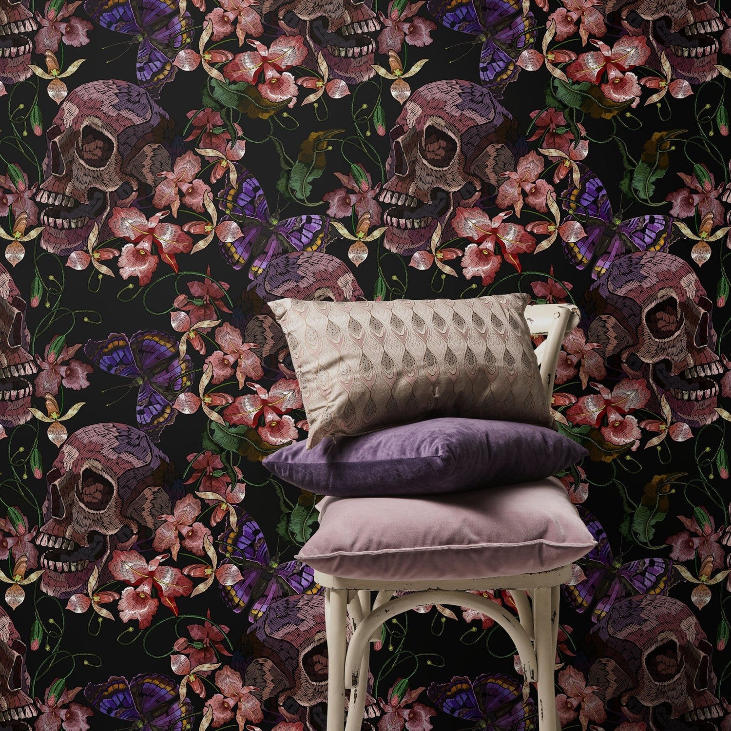 Skull and Butterfly Wallpaper Dark Floral Wallpaper Peel and Stick and Traditional Wallpaper - D898 - WallTrend