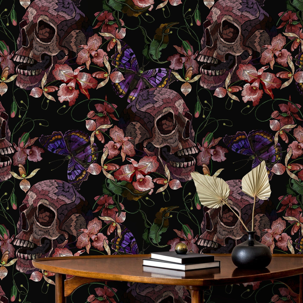 Skull and Butterfly Wallpaper Dark Floral Wallpaper Peel and Stick and Traditional Wallpaper - D898 - WallTrend