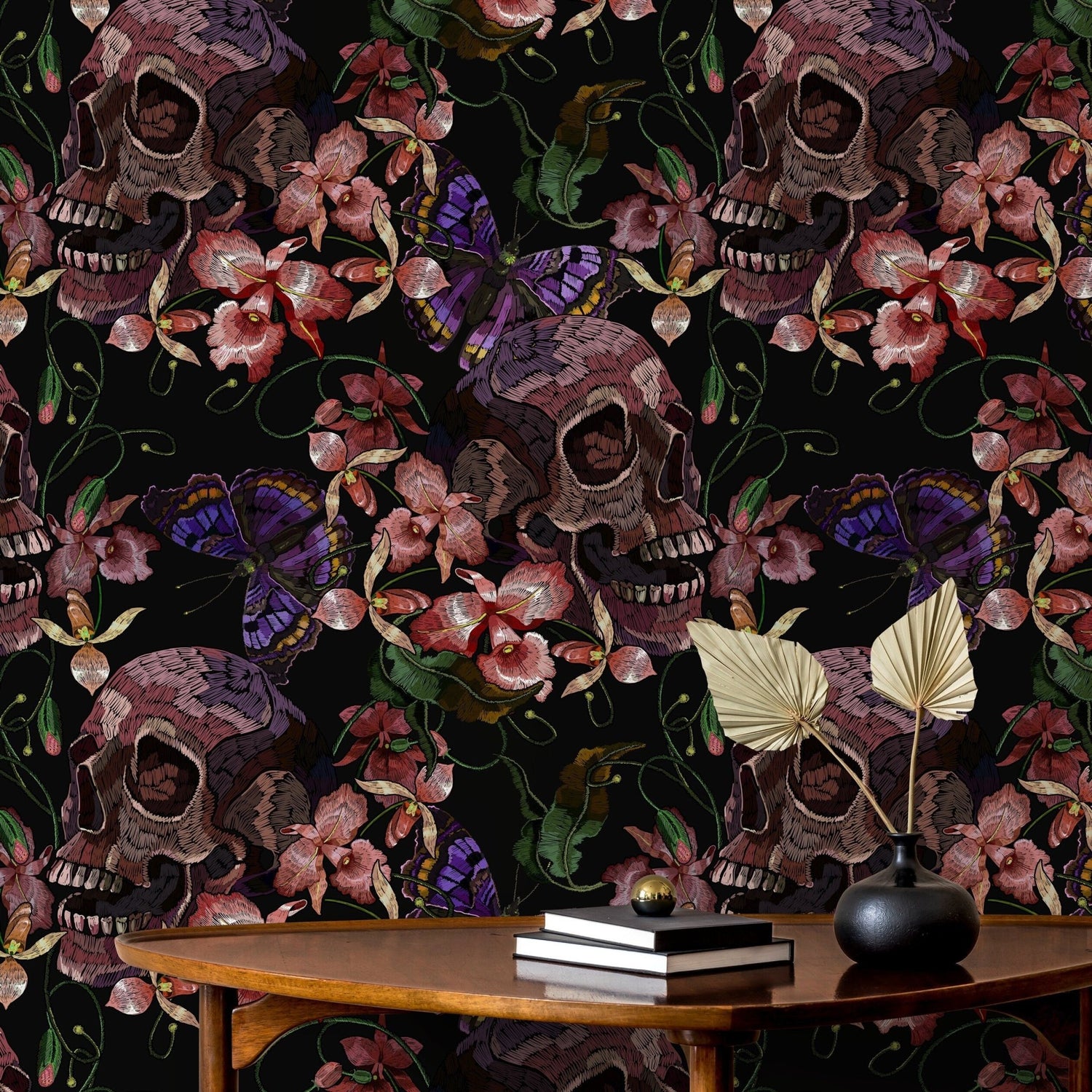 Skull and Butterfly Wallpaper Dark Floral Wallpaper Peel and Stick and Traditional Wallpaper - D898 - WallTrend