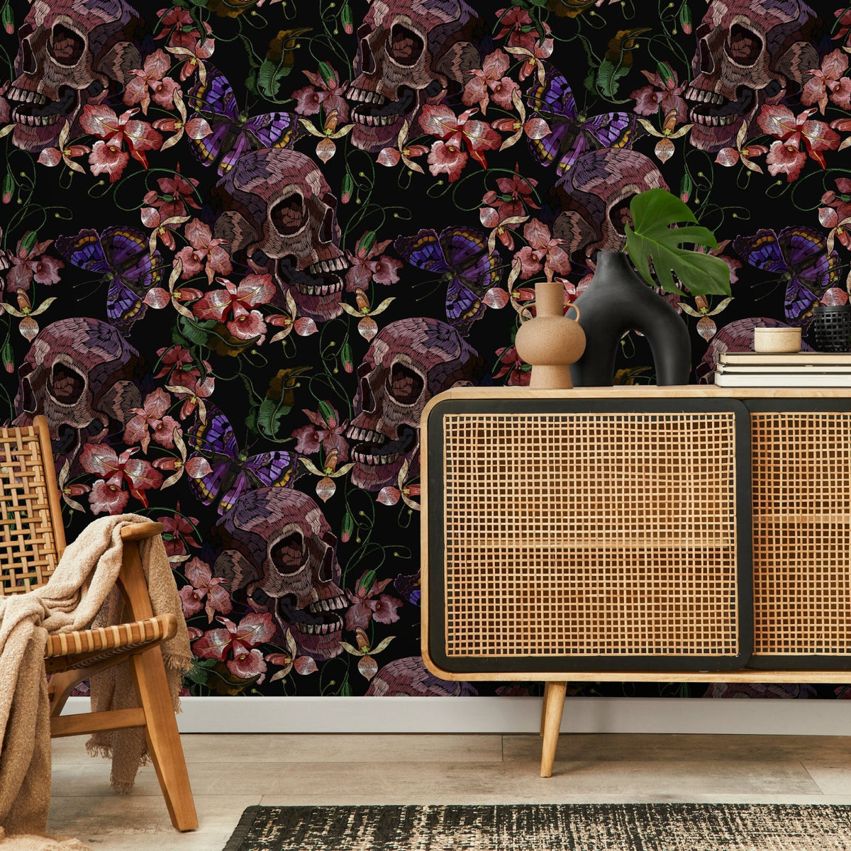Skull and Butterfly Wallpaper Dark Floral Wallpaper Peel and Stick and Traditional Wallpaper - D898 - WallTrend