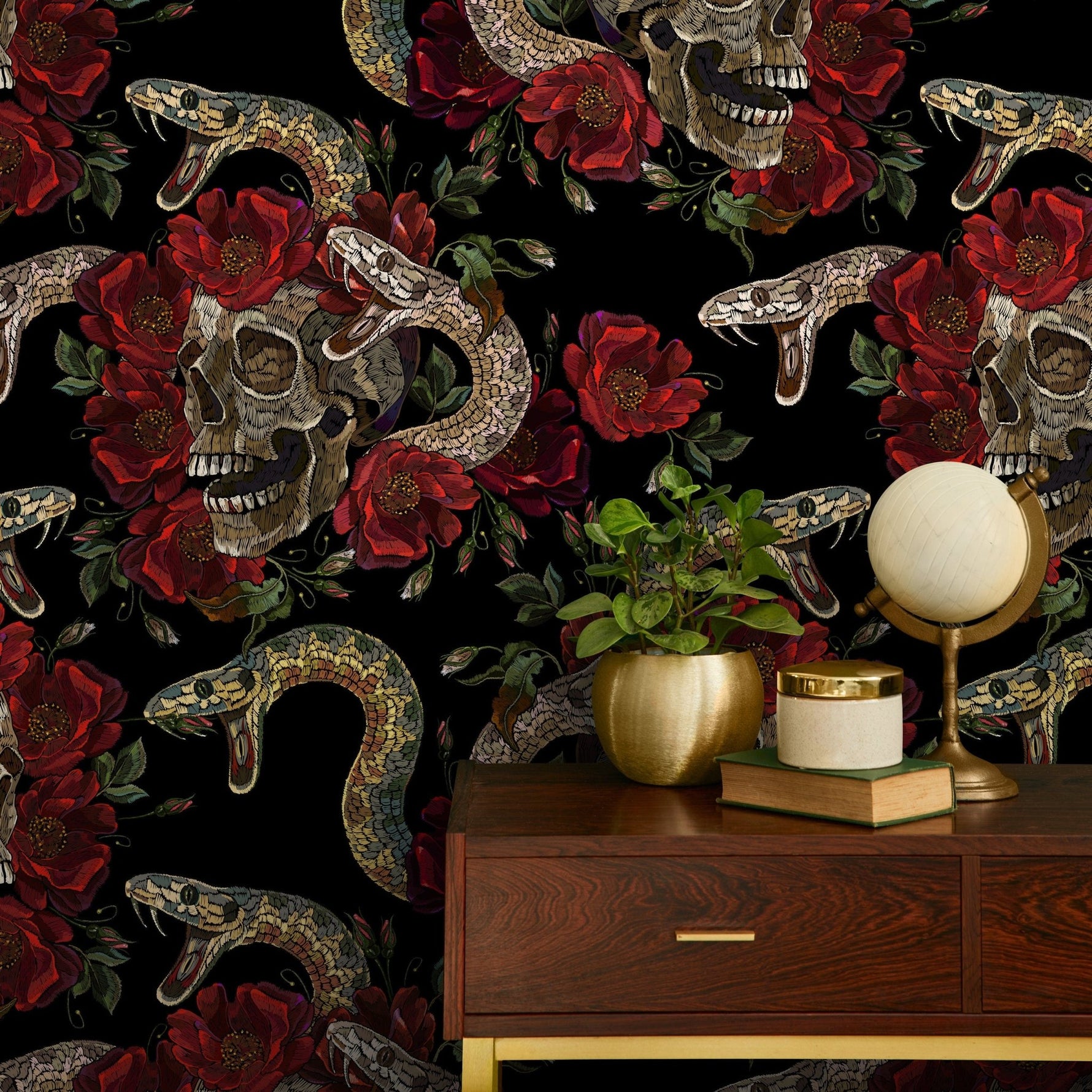 Skull and Snake Wallpaper Dark Floral Wallpaper Peel and Stick and Traditional Wallpaper - D899 - WallTrend