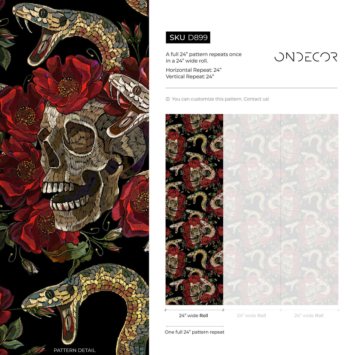 Skull and Snake Wallpaper Dark Floral Wallpaper Peel and Stick and Traditional Wallpaper - D899 - WallTrend