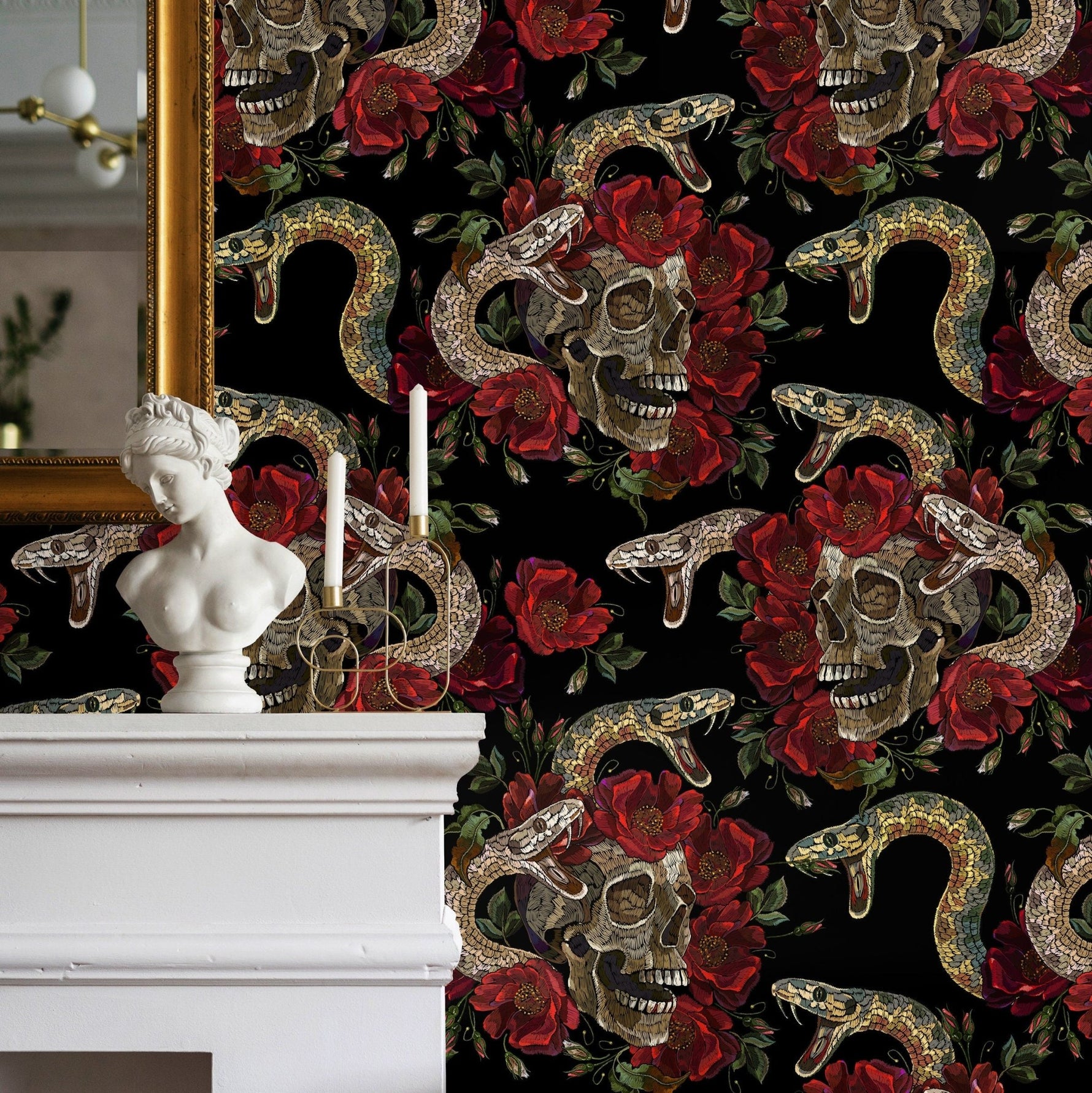 Skull and Snake Wallpaper Dark Floral Wallpaper Peel and Stick and Traditional Wallpaper - D899 - WallTrend