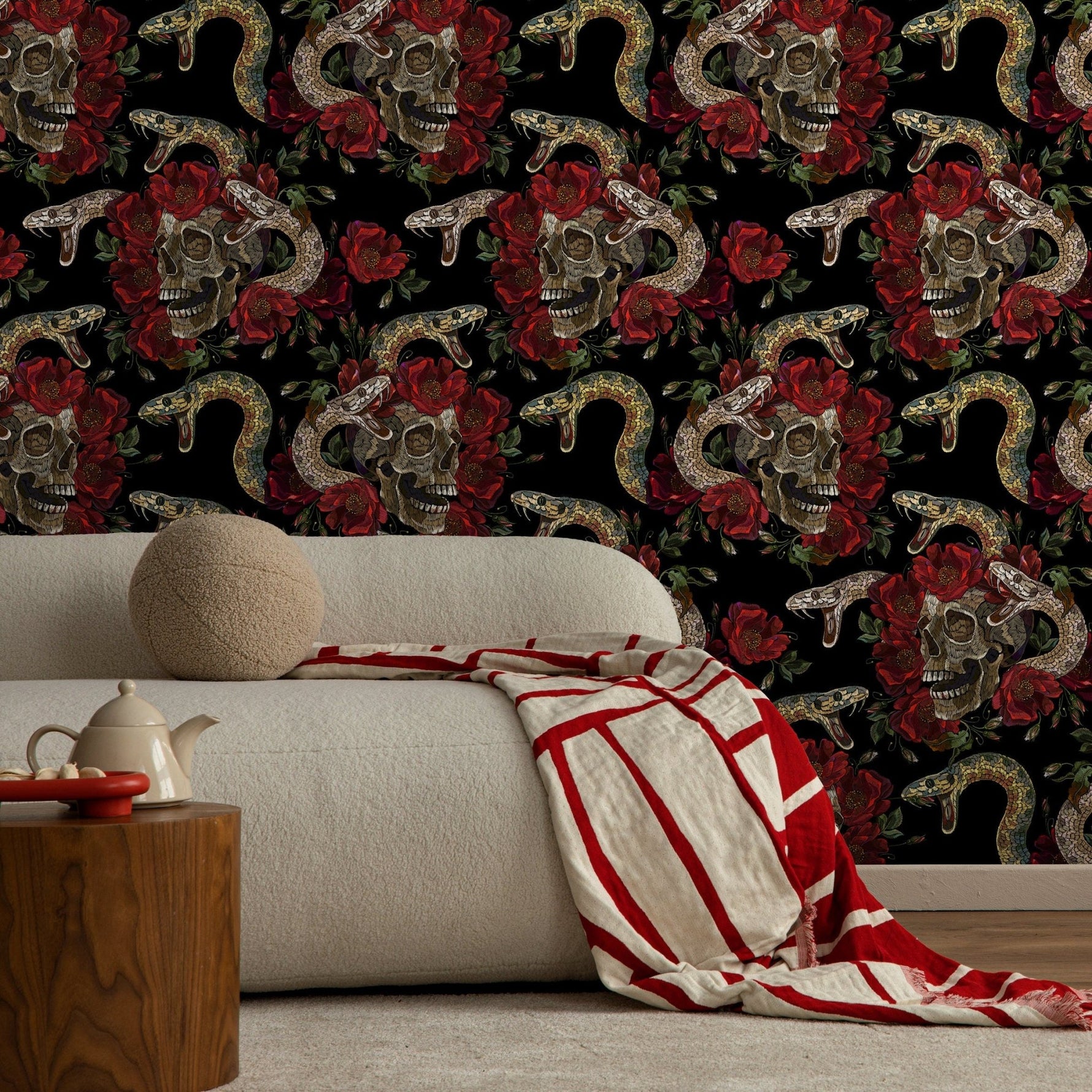 Skull and Snake Wallpaper Dark Floral Wallpaper Peel and Stick and Traditional Wallpaper - D899 - WallTrend
