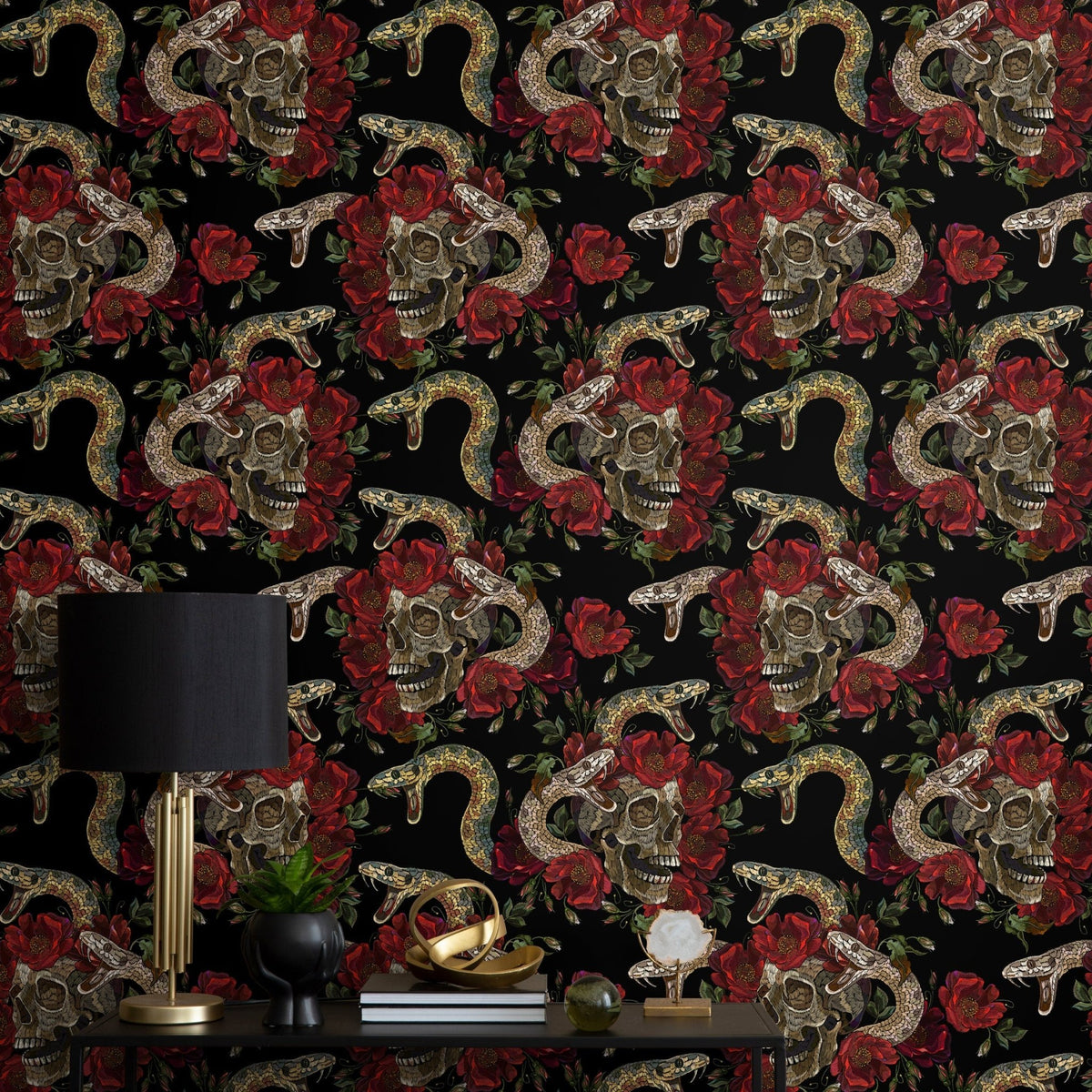 Skull and Snake Wallpaper Dark Floral Wallpaper Peel and Stick and Traditional Wallpaper - D899 - WallTrend