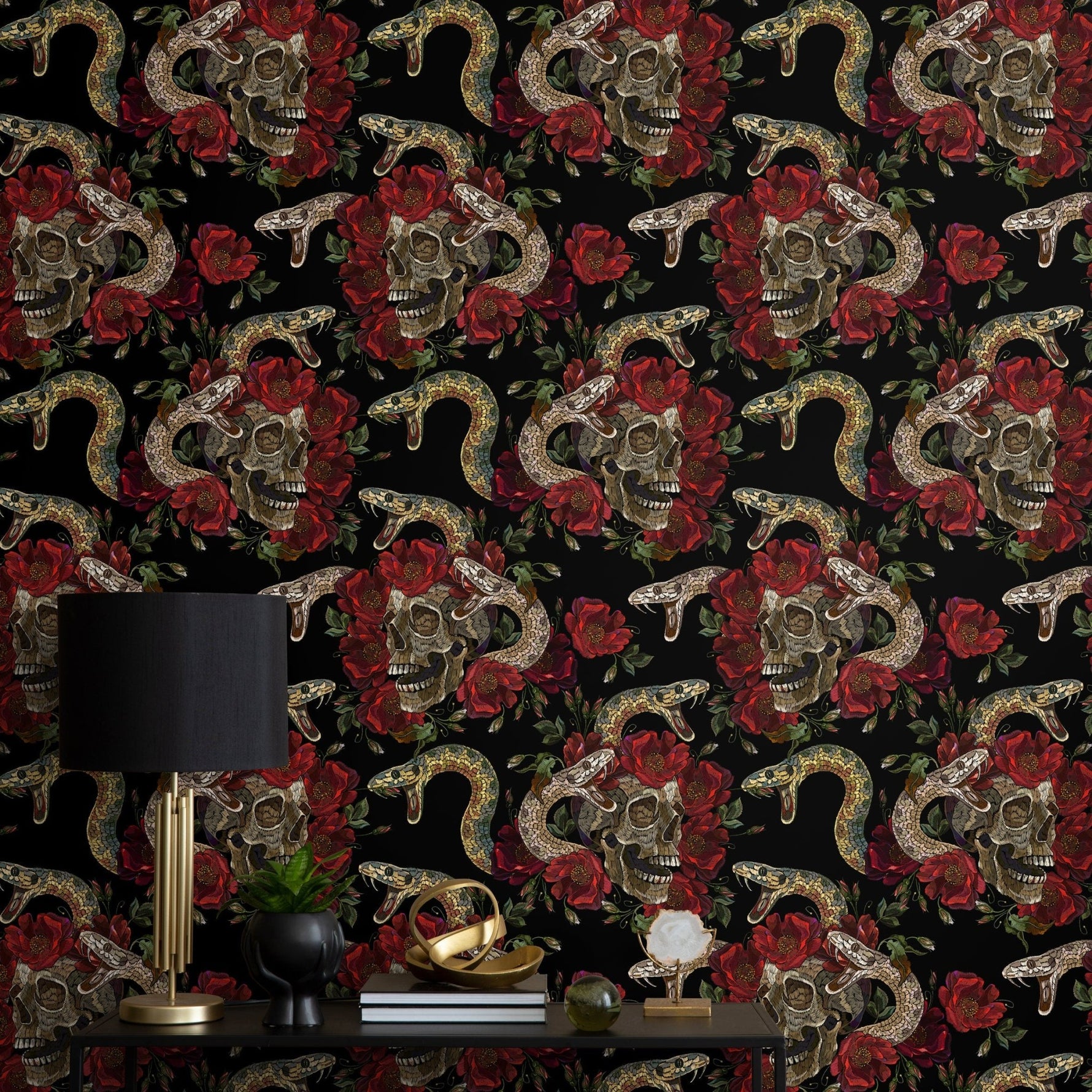 Skull and Snake Wallpaper Dark Floral Wallpaper Peel and Stick and Traditional Wallpaper - D899 - WallTrend