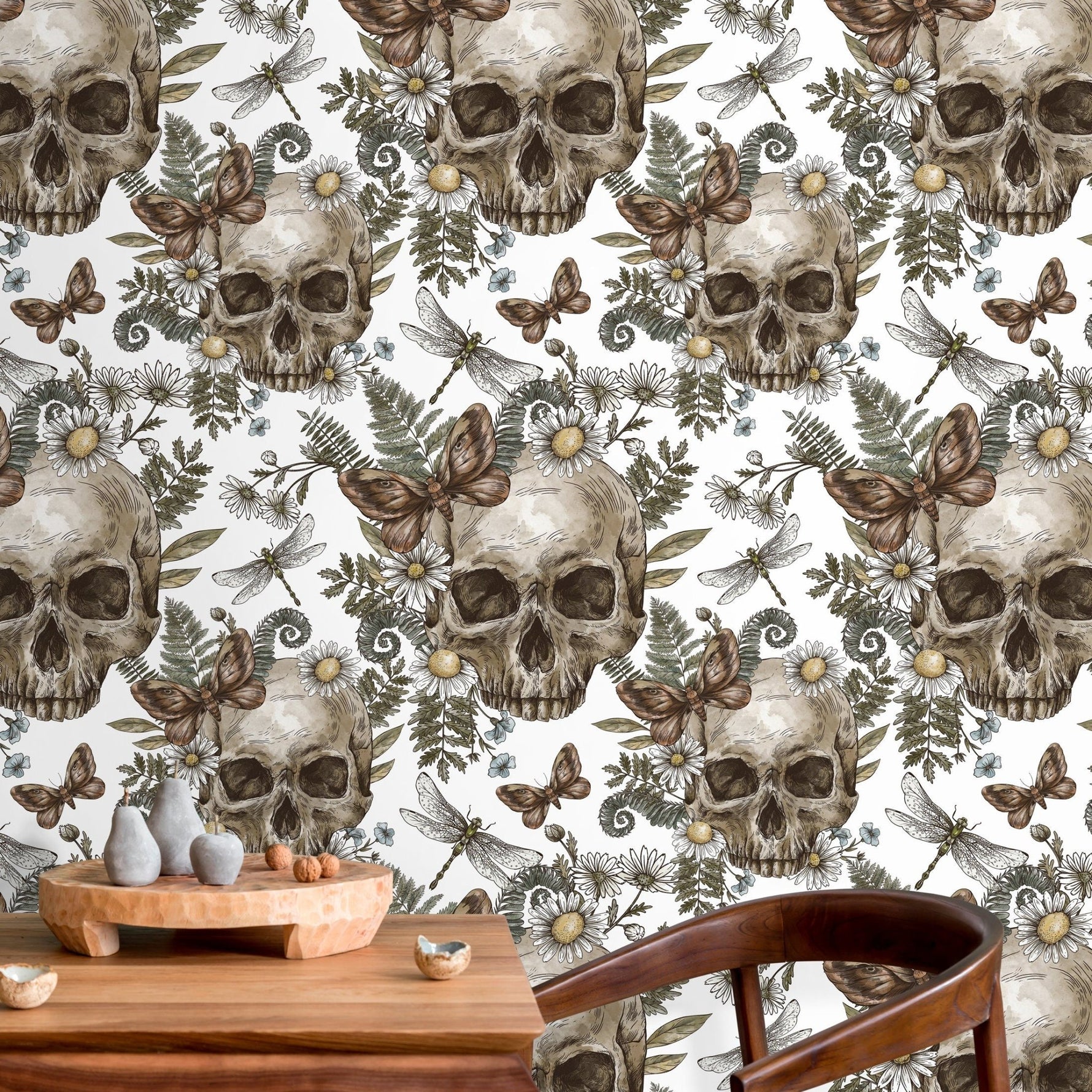 Skull Floral Motif Wallpaper - D828 - WallTrend