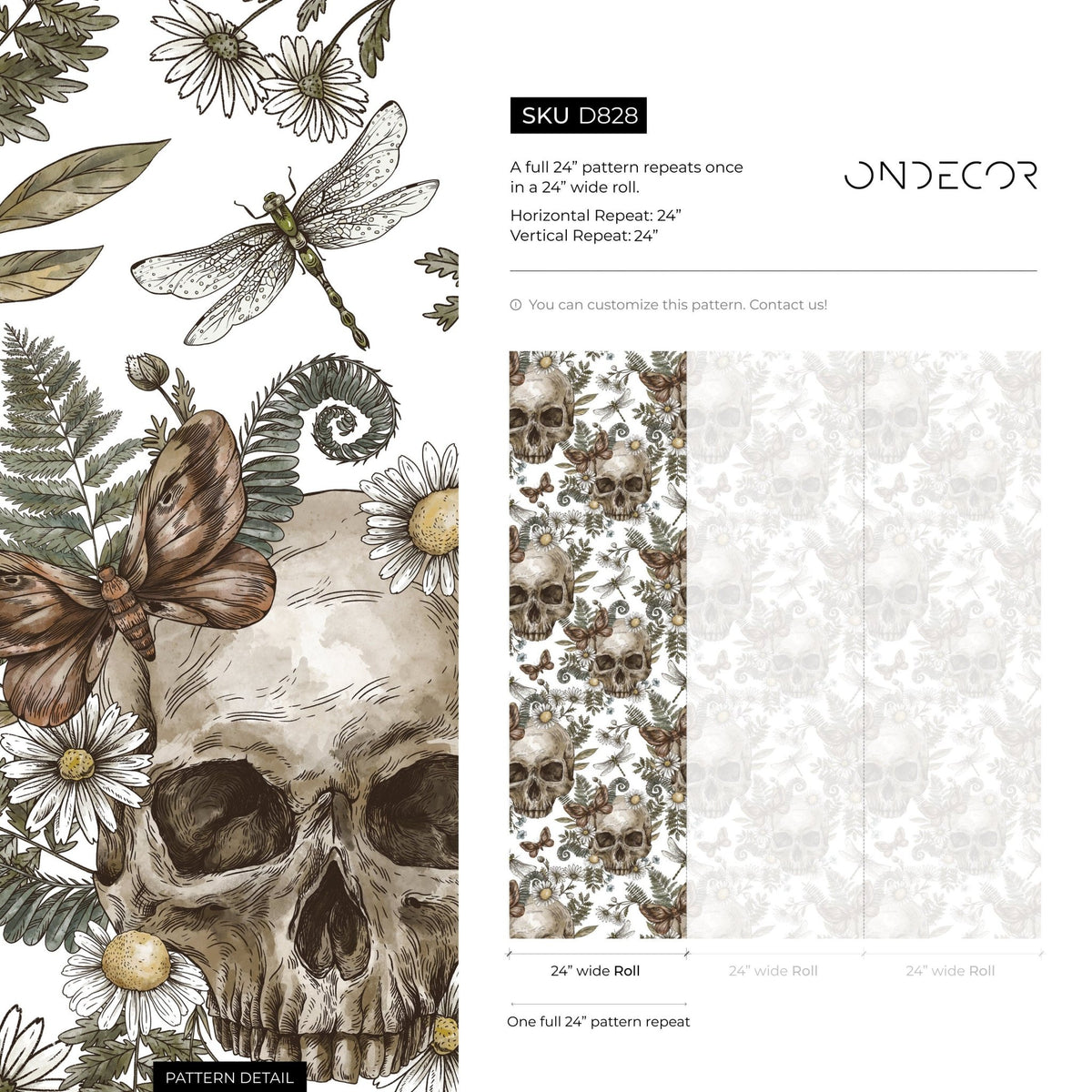 Skull Floral Motif Wallpaper - D828 - WallTrend