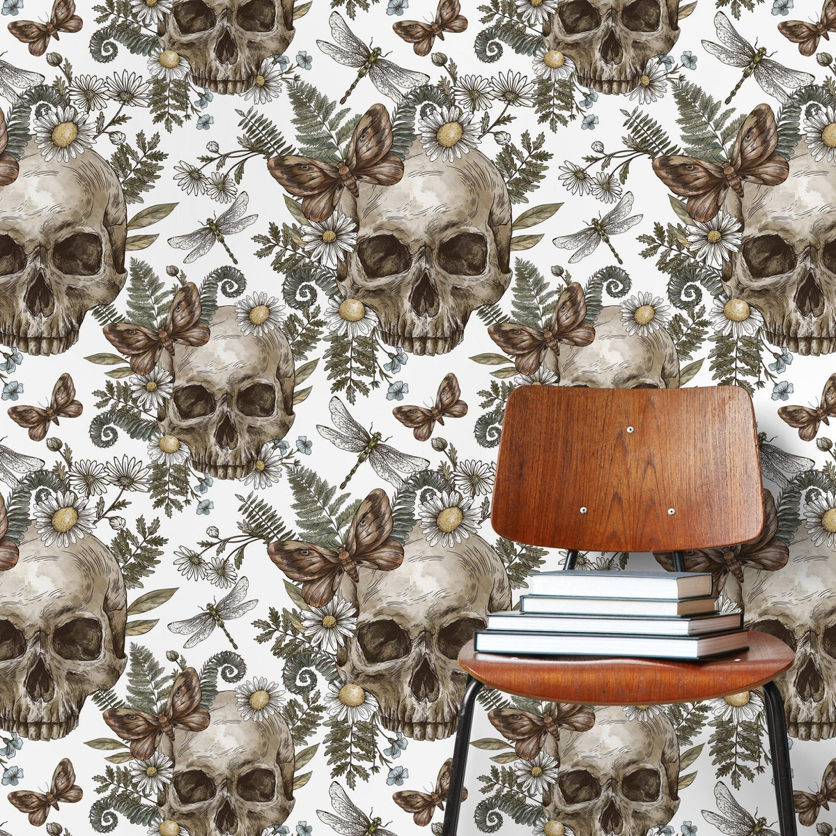 Skull Floral Motif Wallpaper - D828 - WallTrend