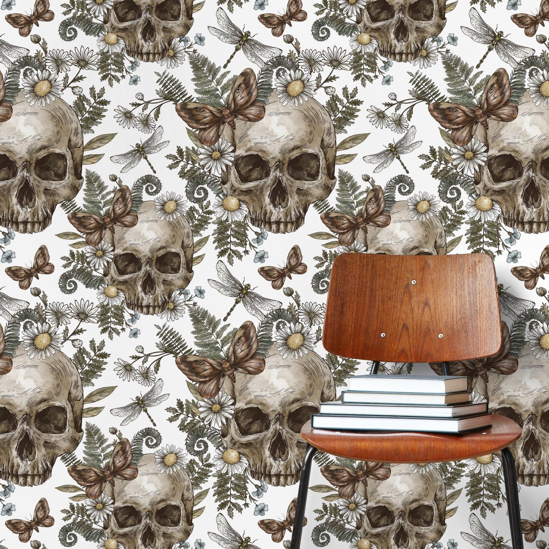 Skull Floral Motif Wallpaper - D828 - WallTrend