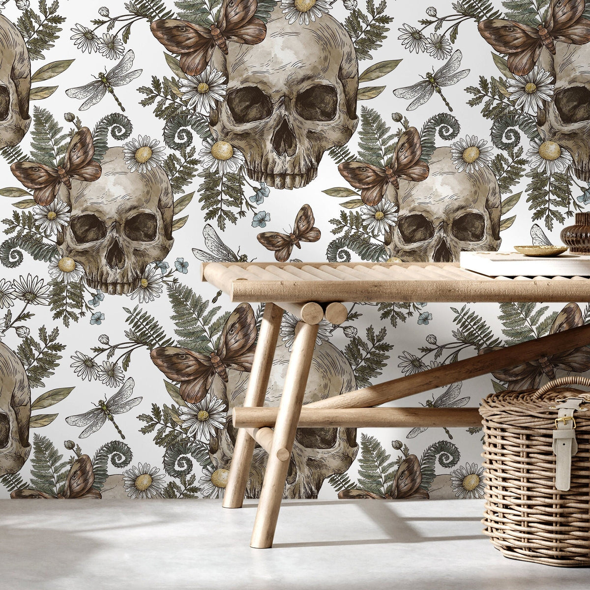 Skull Floral Motif Wallpaper - D828 - WallTrend