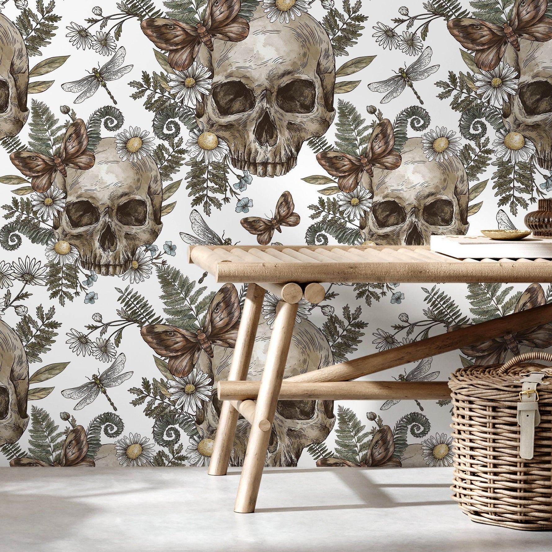Skull Floral Motif Wallpaper - D828 - WallTrend