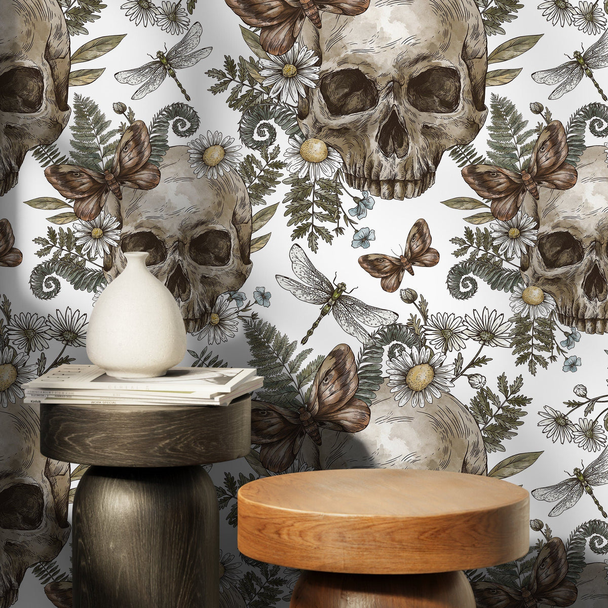 Skull Floral Motif Wallpaper - D828 - WallTrend