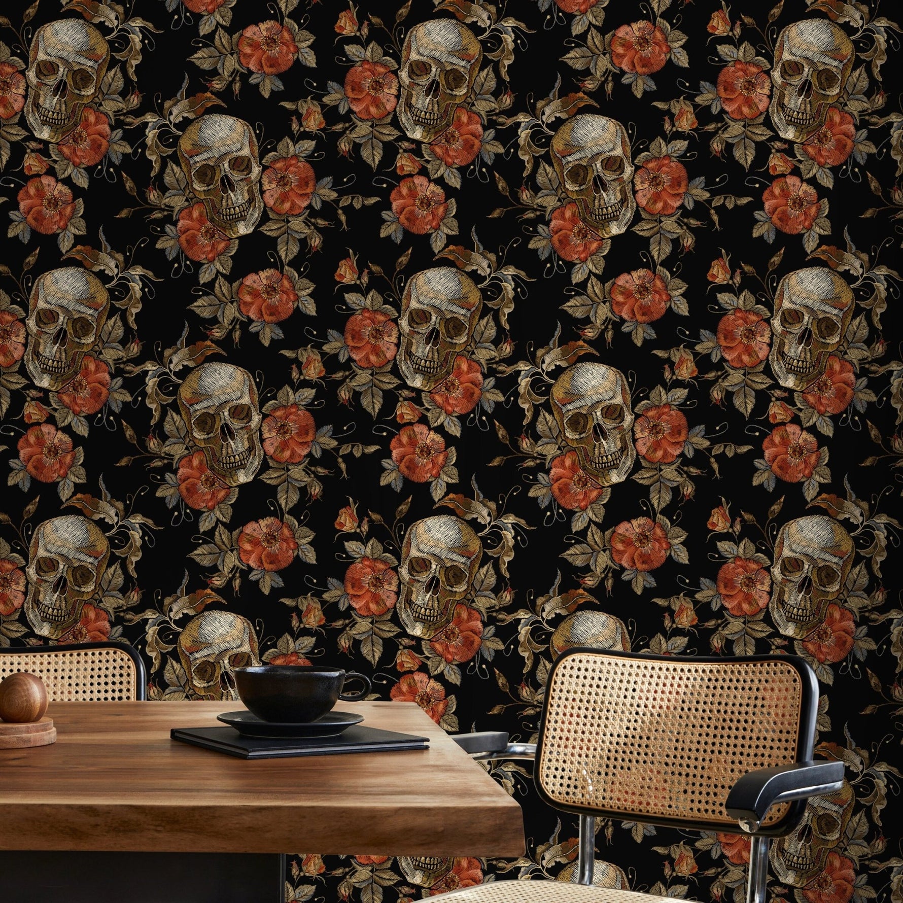 Skull Wallpaper Dark Roses Wallpaper Peel and Stick and Traditional Wallpaper - D889 - WallTrend