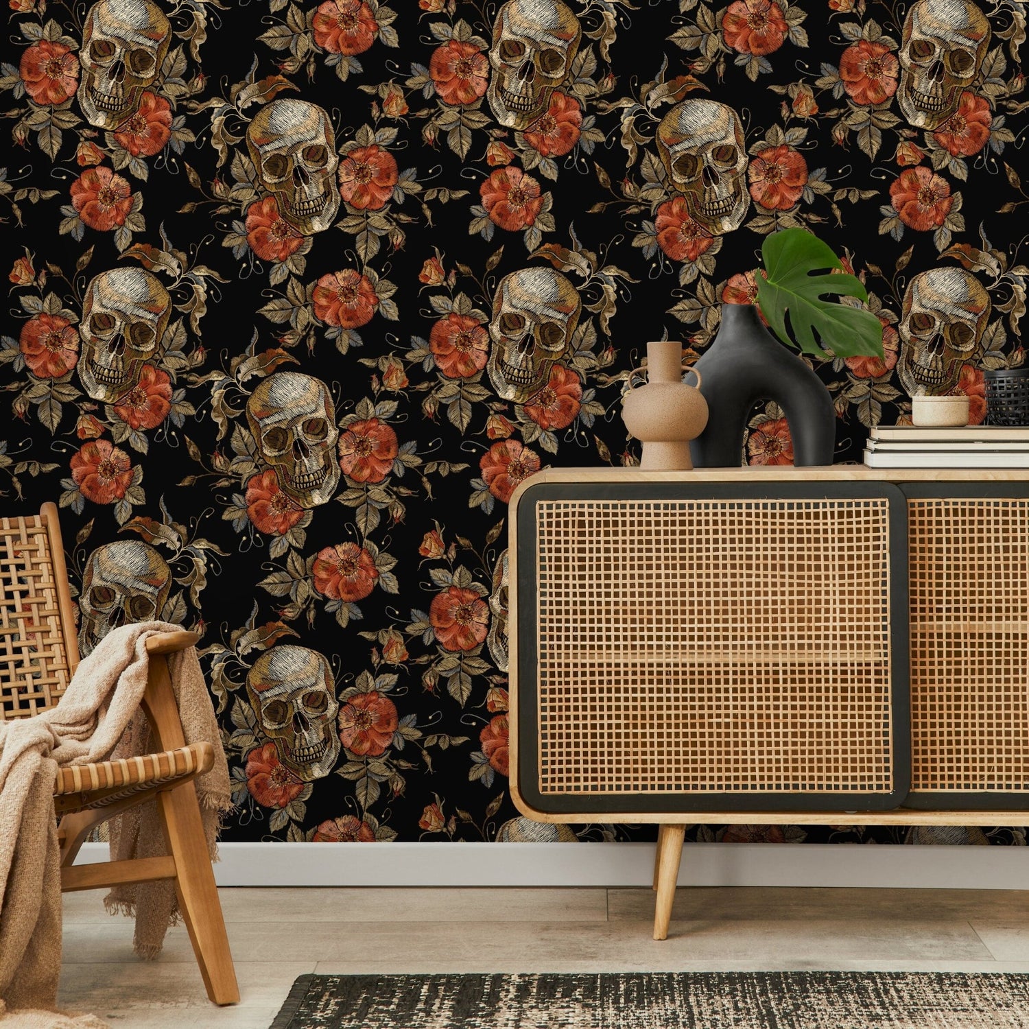 Skull Wallpaper Dark Roses Wallpaper Peel and Stick and Traditional Wallpaper - D889 - WallTrend