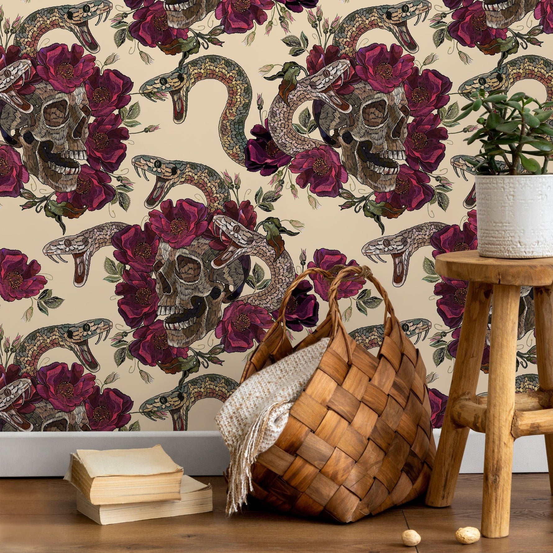 Snake and Skull Wallpaper Maximalist Wallpaper Peel and Stick and Traditional Wallpaper - D902 - WallTrend