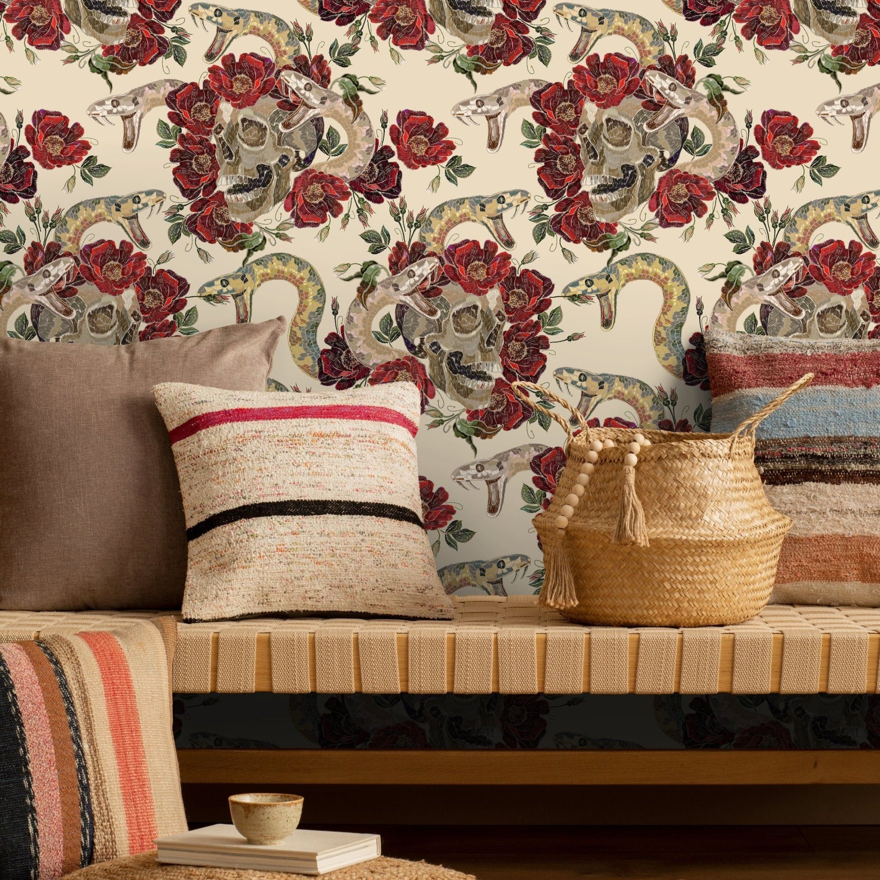 Snake Floral Wallpaper Floral Skull Wallpaper Peel and Stick and Traditional Wallpaper - D900 - WallTrend