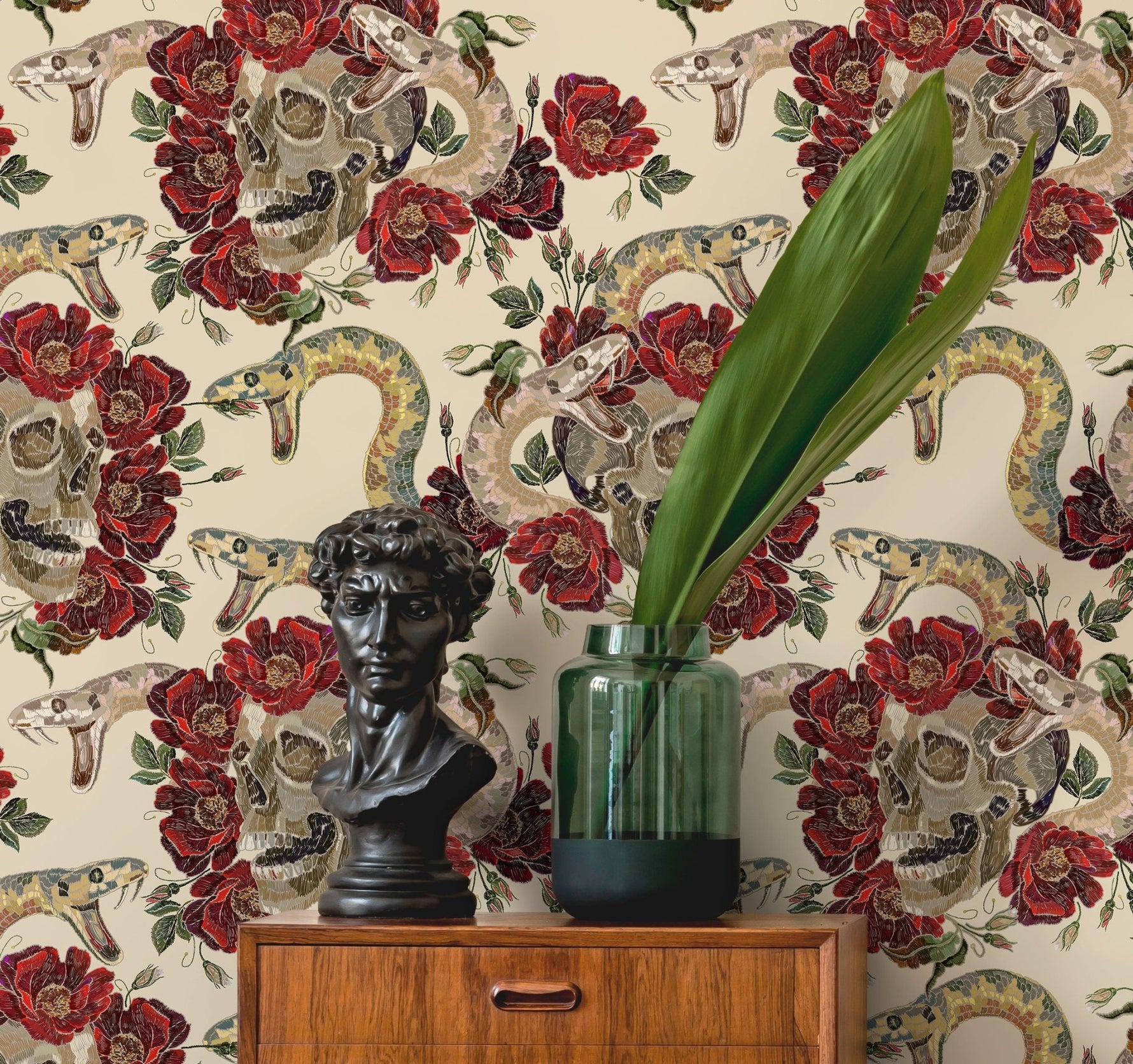 Snake Floral Wallpaper Floral Skull Wallpaper Peel and Stick and Traditional Wallpaper - D900 - WallTrend
