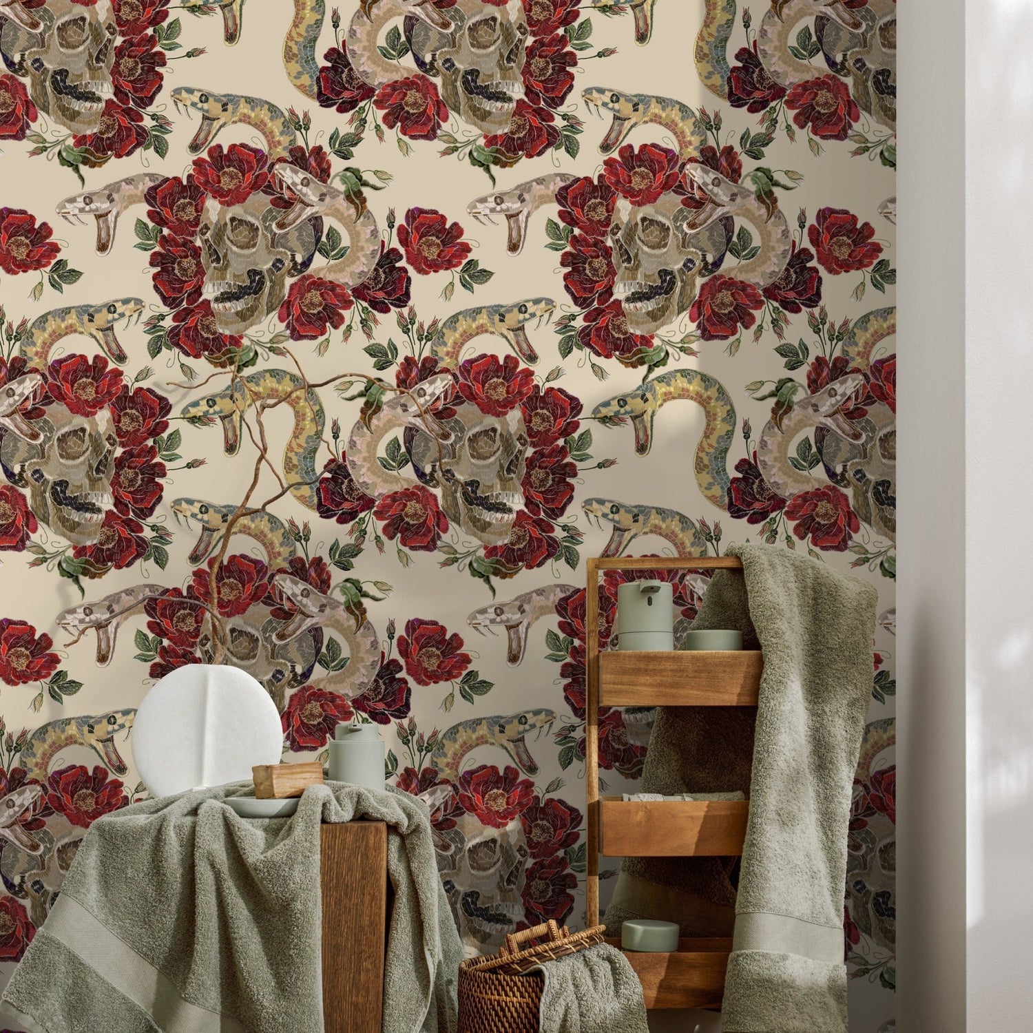Snake Floral Wallpaper Floral Skull Wallpaper Peel and Stick and Traditional Wallpaper - D900 - WallTrend
