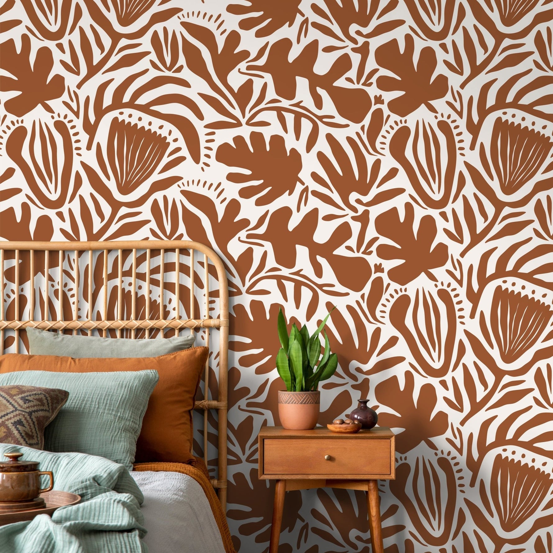 Terracotta Abstract Floral Wallpaper Modern Wallpaper Peel and Stick and Traditional Wallpaper - D709 - WallTrend